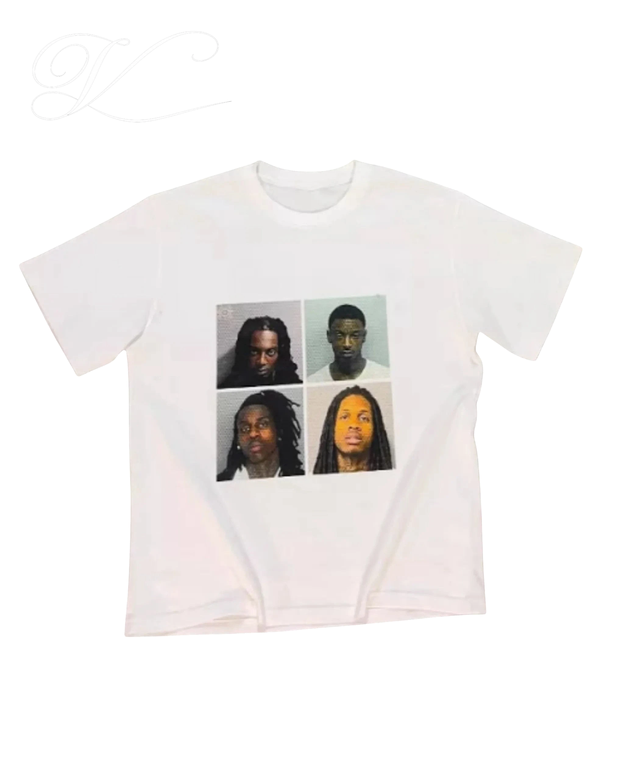 Vicious Mugshot Tee in white cotton with a boxy fit and a digital photo print of four faces on the front.