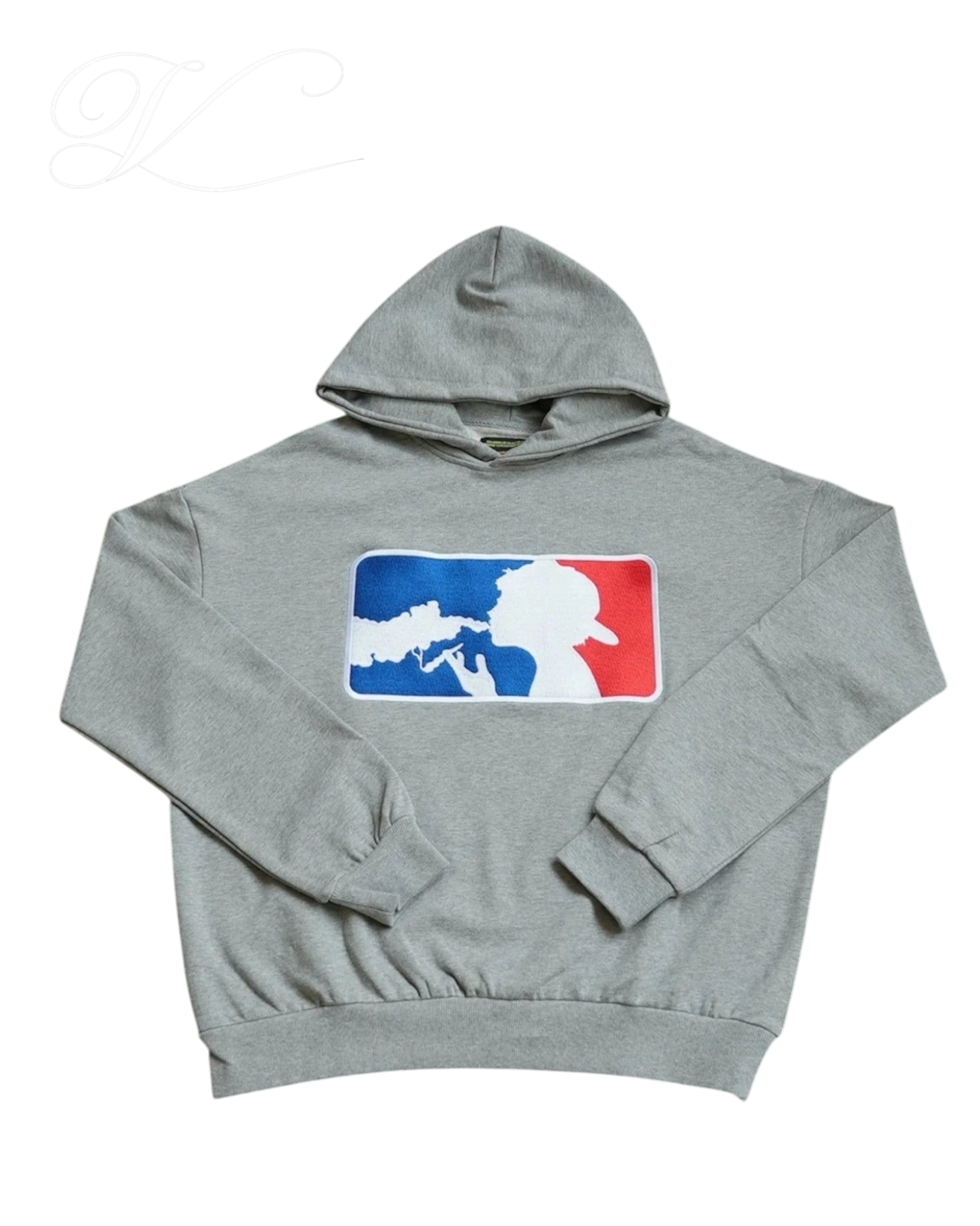 Vicious MVP hoodie in grey cotton with a hood, kangaroo pocket, and a blue, white, and red digital emblem print.