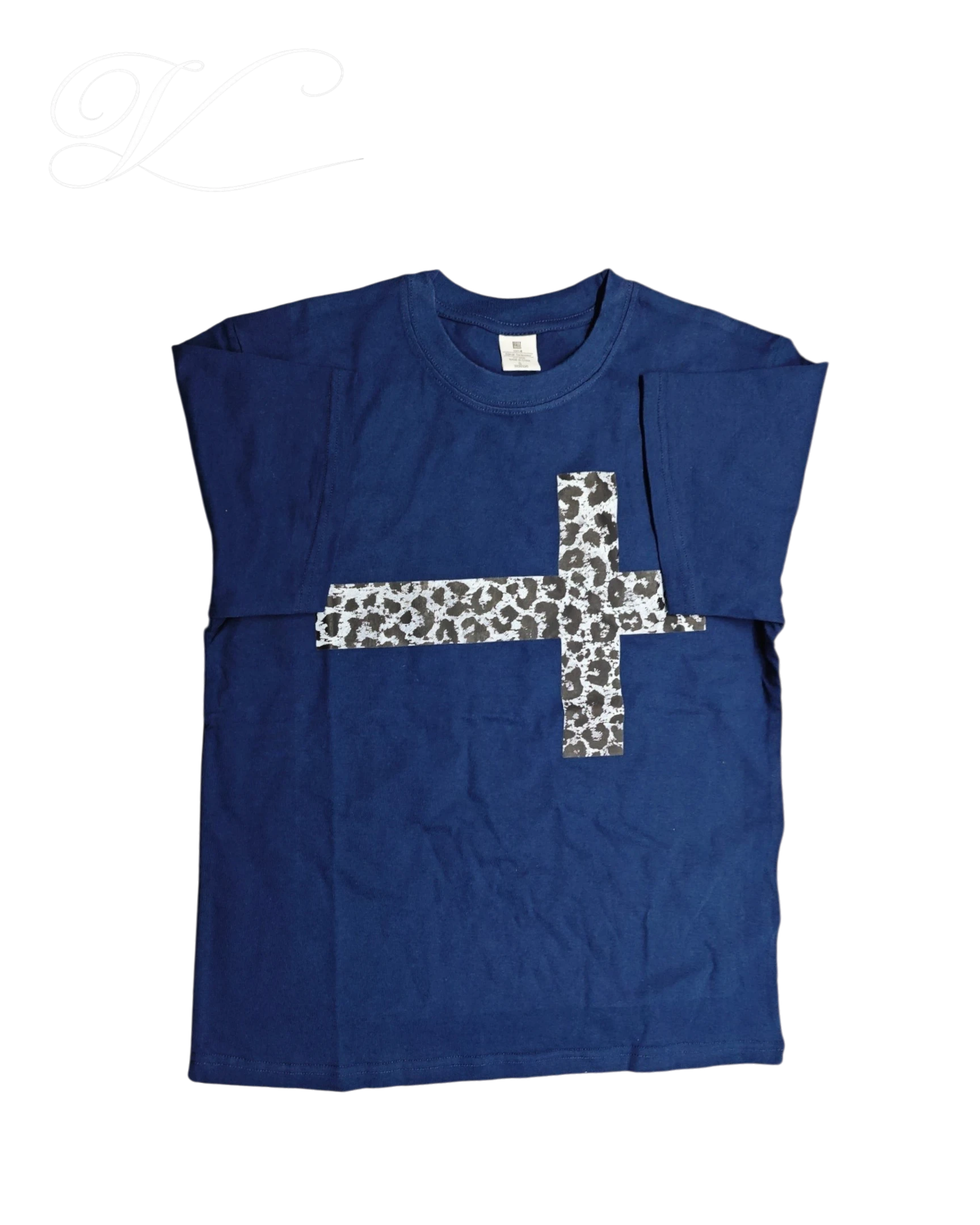 Vicious navy blue heavyweight cotton t-shirt with a leopard print cross graphic on the chest