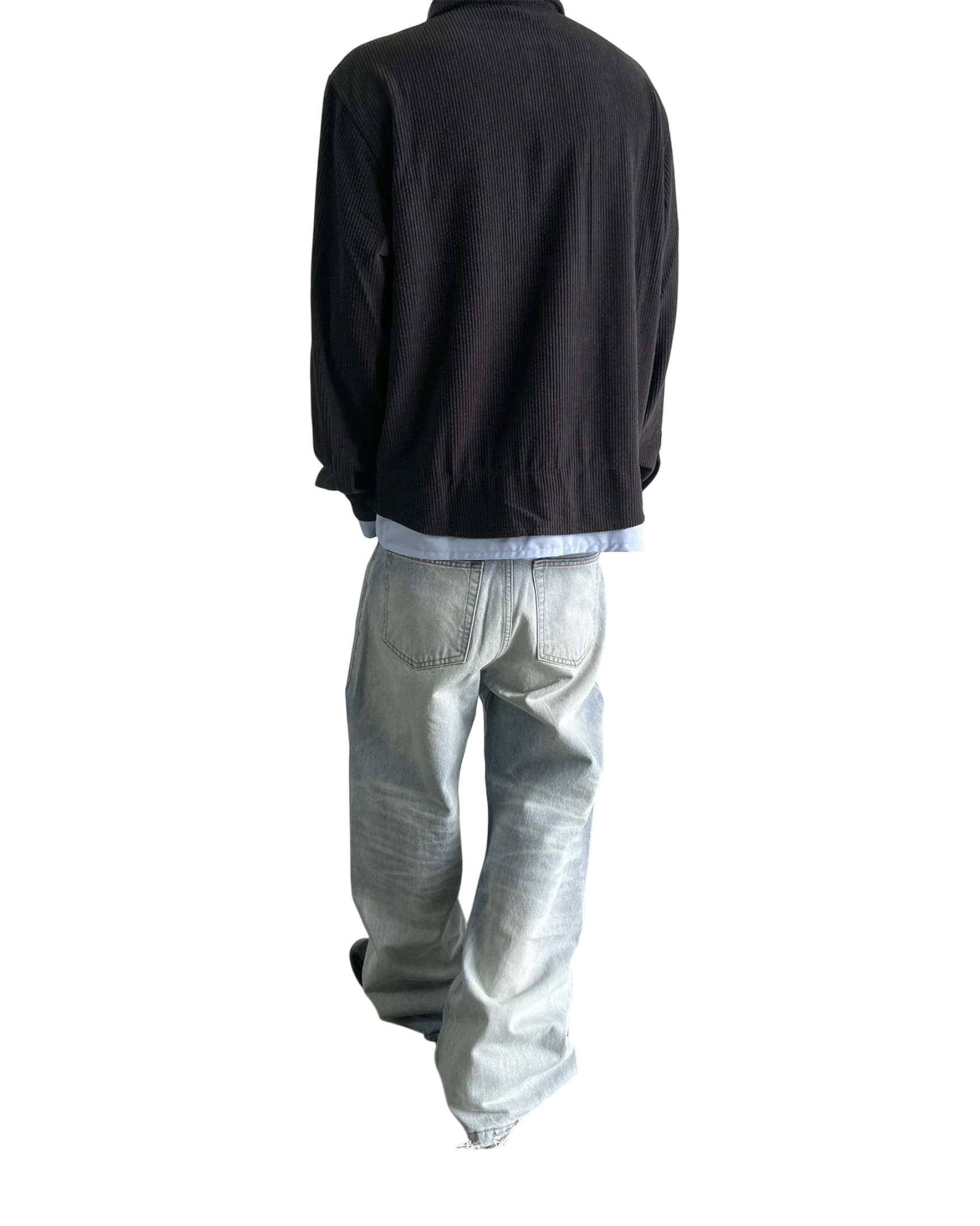 Vicious NIETPXFO ice blue vintage wash wide-leg jeans with cat whisker detailing, back view on a model