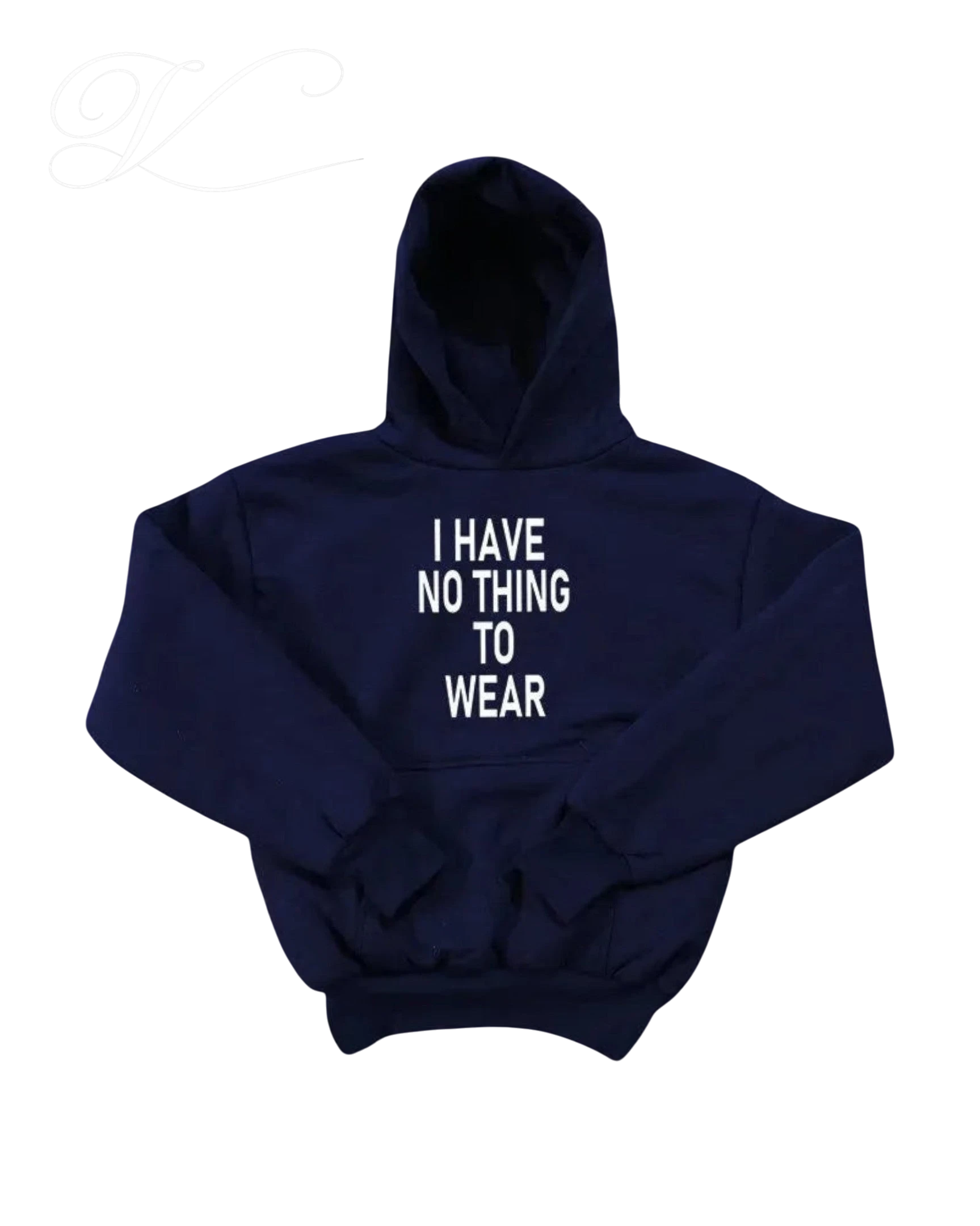 Vicious No Thing hoodie in navy blue cotton blend with oversized fit, front kangaroo pocket, and white text print.