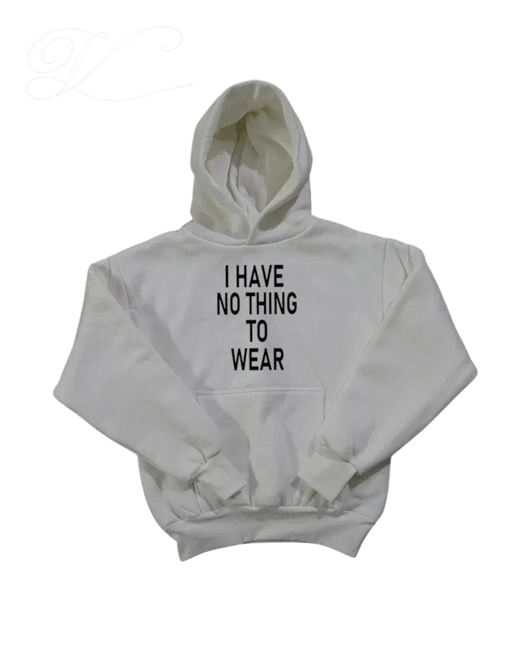 Vicious No Thing oversized white hoodie with black text print, kangaroo pocket, and ribbed cuffs.