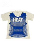Vicious off-white heavy cotton short-sleeved T-shirt with a blue graphic print of a tactical body armor vest