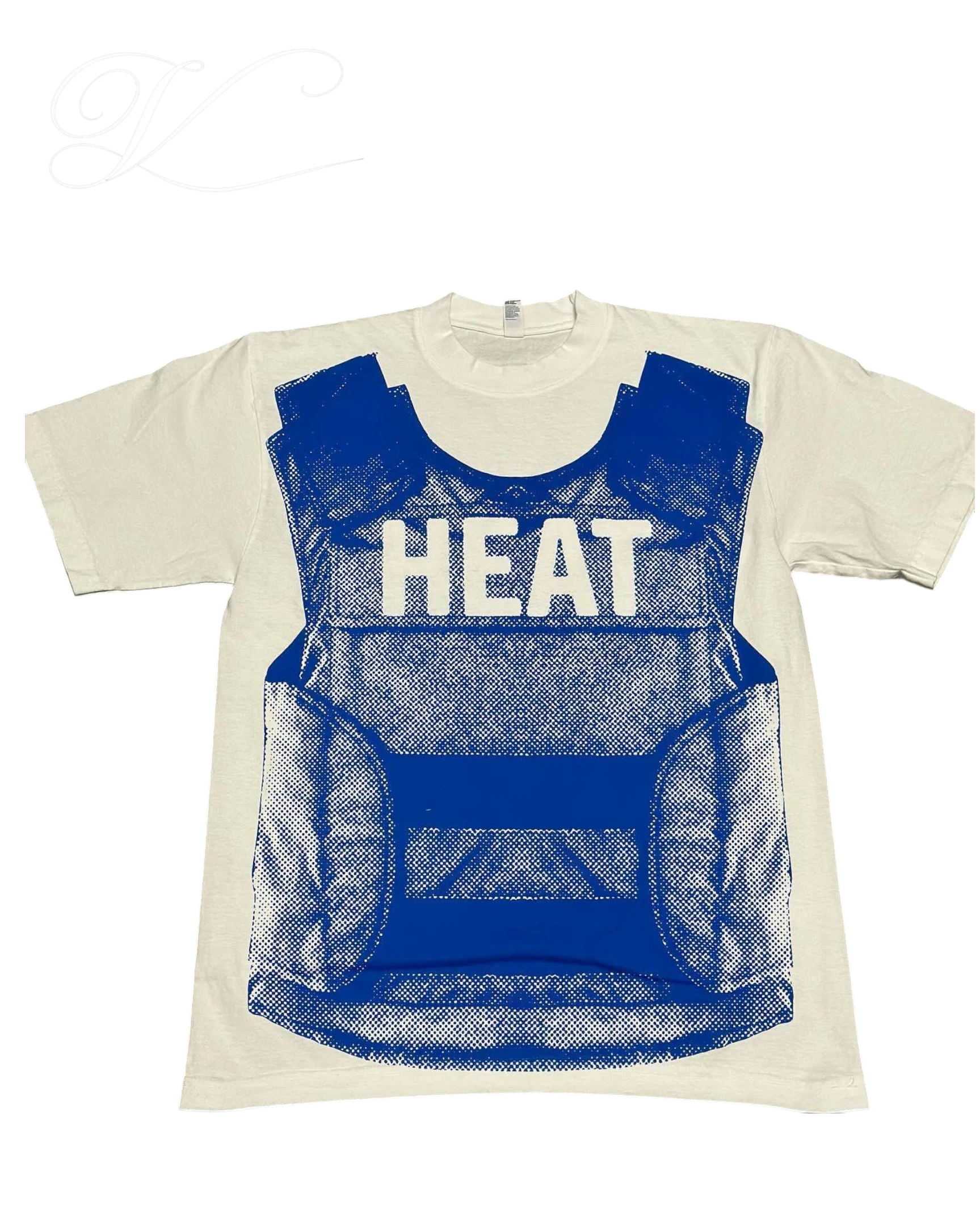 Vicious off-white heavy cotton short-sleeved T-shirt with a blue graphic print of a tactical body armor vest