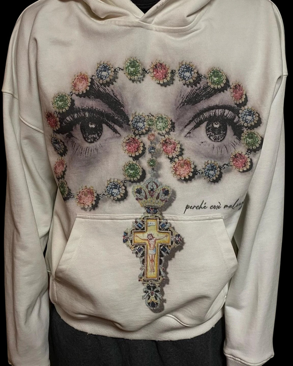 Vicious off-white hooded sweatshirt featuring a graphic print of eyes surrounded by colorful diamond cross patterns