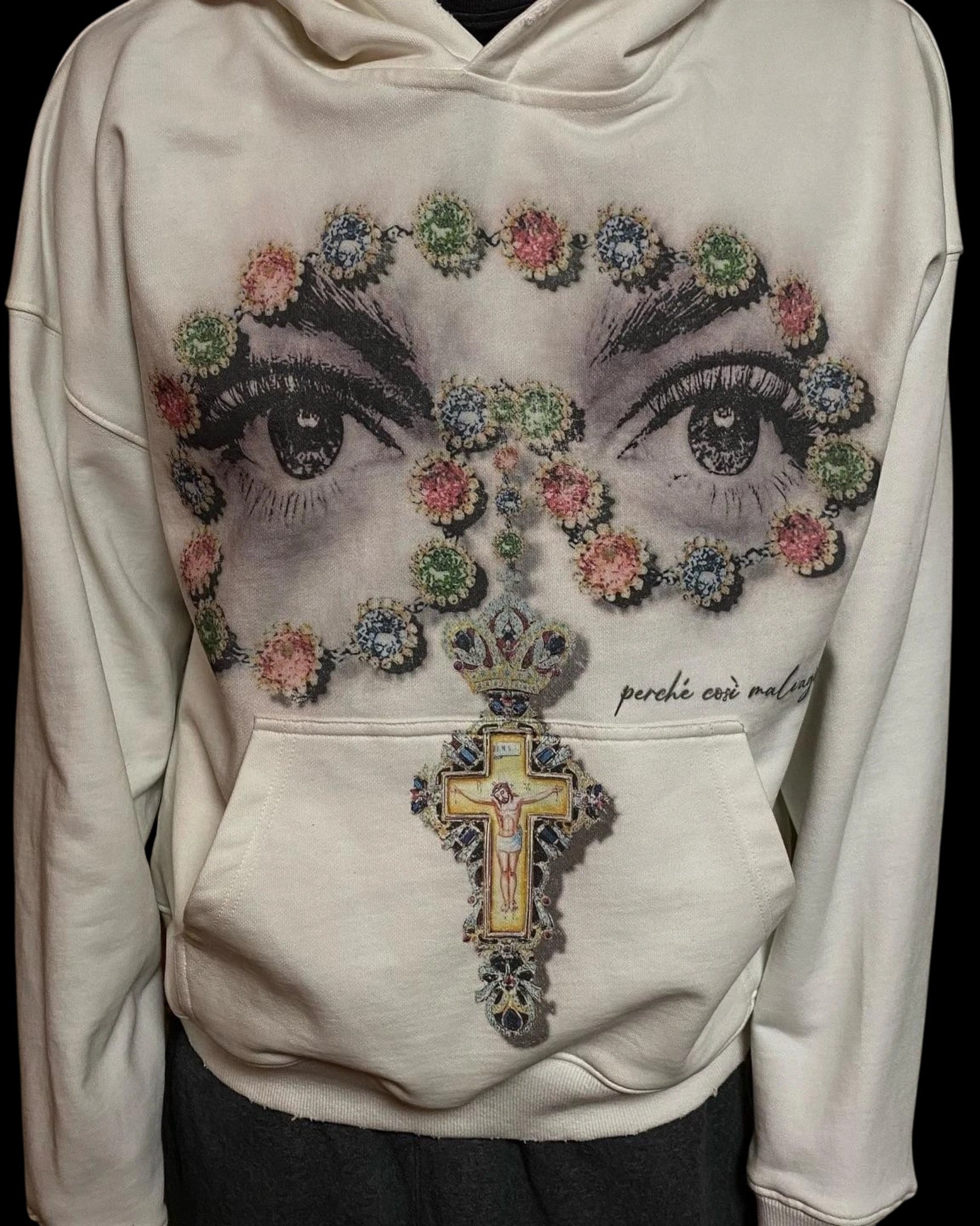 Vicious off-white hooded sweatshirt featuring a graphic print of eyes surrounded by colorful diamond cross patterns
