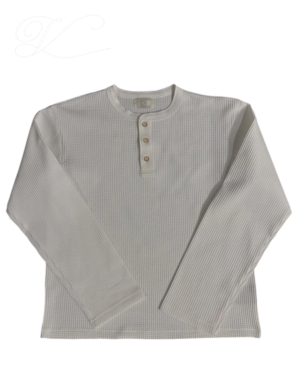 Vicious off-white waffle knit henley shirt with a three-button collar and long sleeves for a clean fall look.