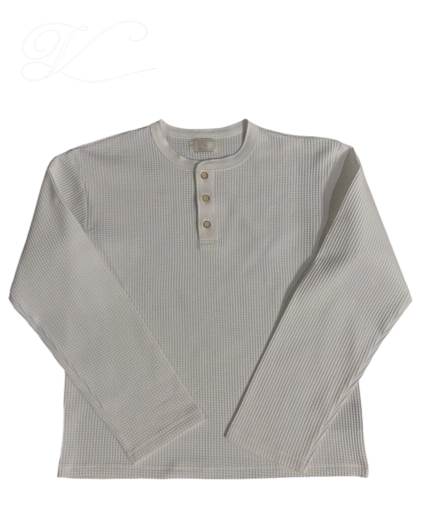 Vicious off-white waffle knit henley shirt with a three-button collar and long sleeves for a clean fall look.