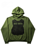 Vicious olive green hoodie featuring a black tactical body armor graphic with the number 863 0978 on the chest.