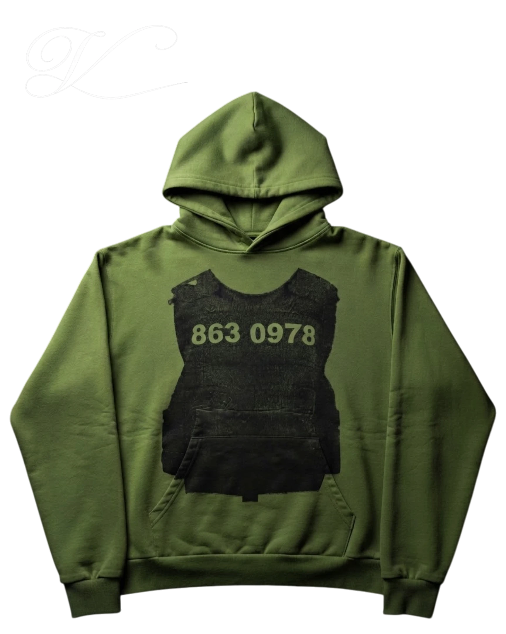Vicious olive green hoodie featuring a black tactical body armor graphic with the number 863 0978 on the chest.
