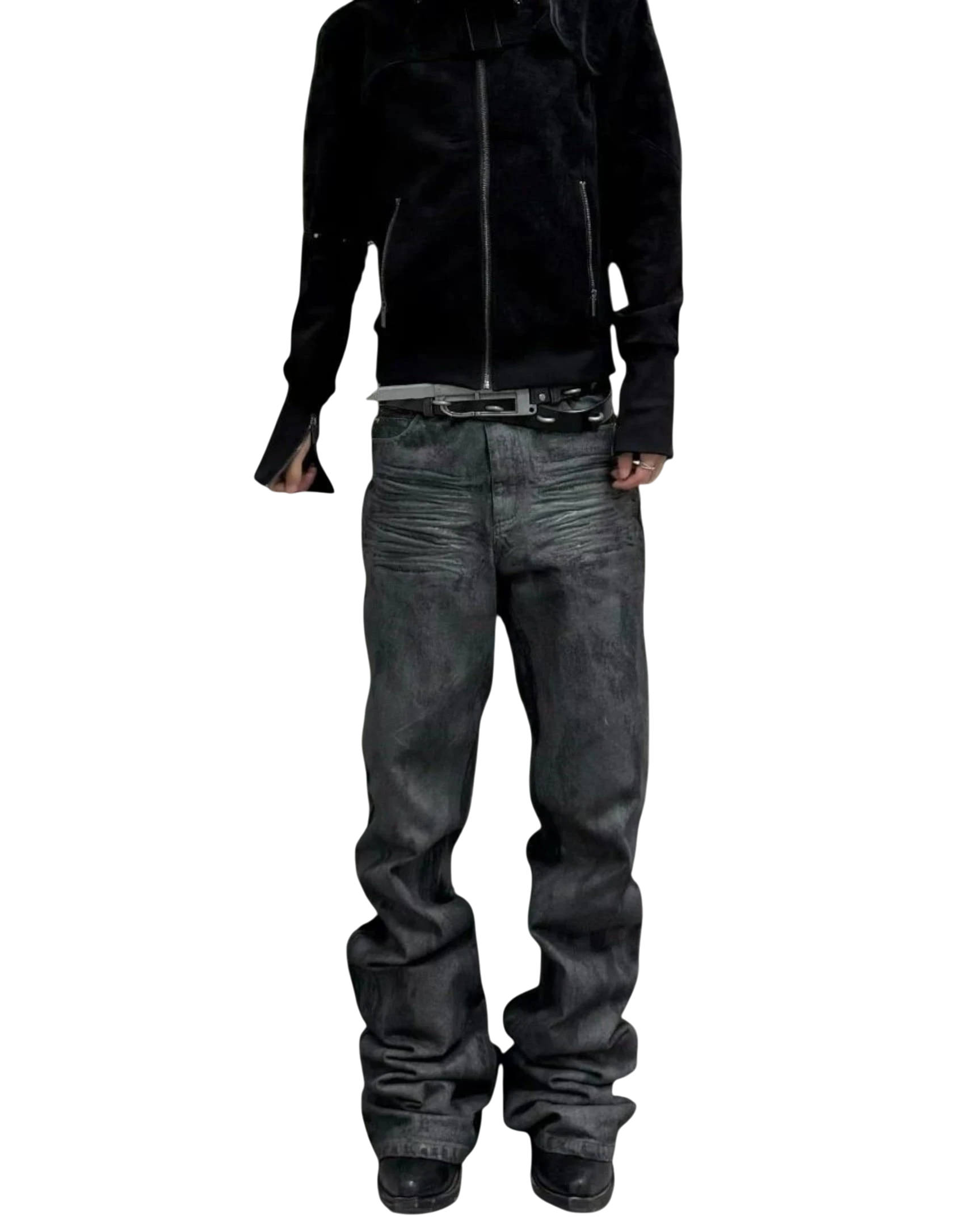 Vicious Onyx Wax Bootcut jeans in a dark grey waxed finish with a straight fit and flared leg silhouette.