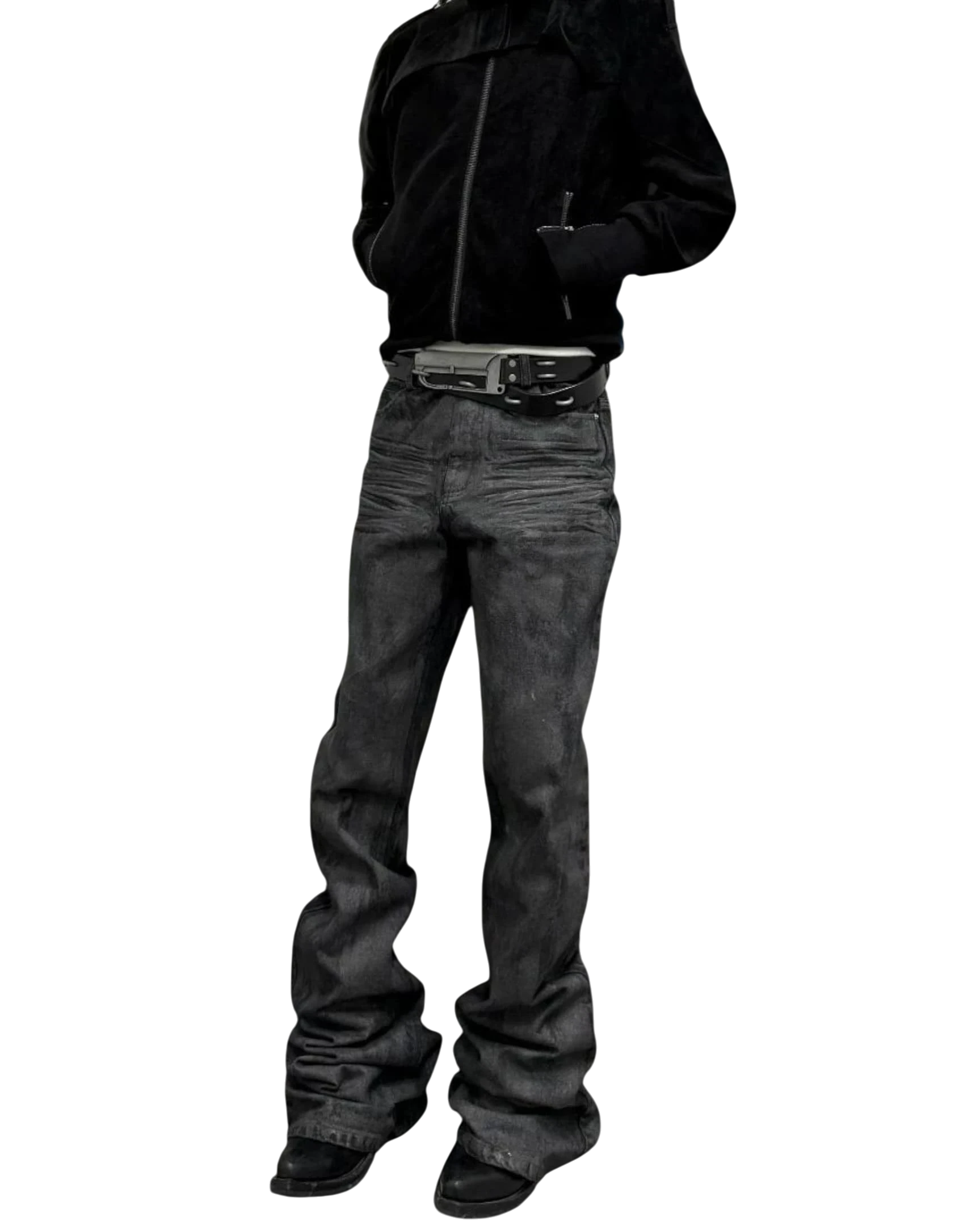 Vicious Onyx Wax Bootcut jeans in black with a straight fit, flared leg, and mid-rise waist on a model.