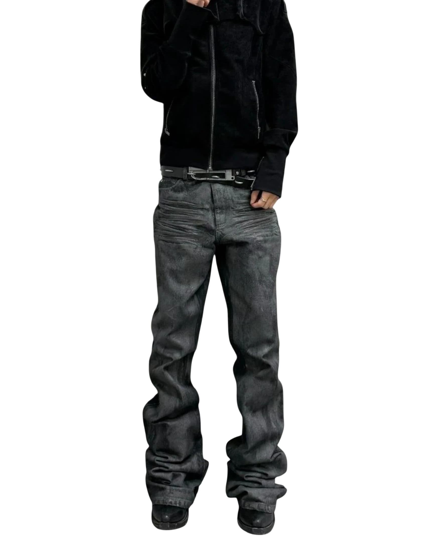 Vicious Onyx Wax Bootcut jeans in dark grey with a flared leg, mid-rise fit, and subtle waxed finish.
