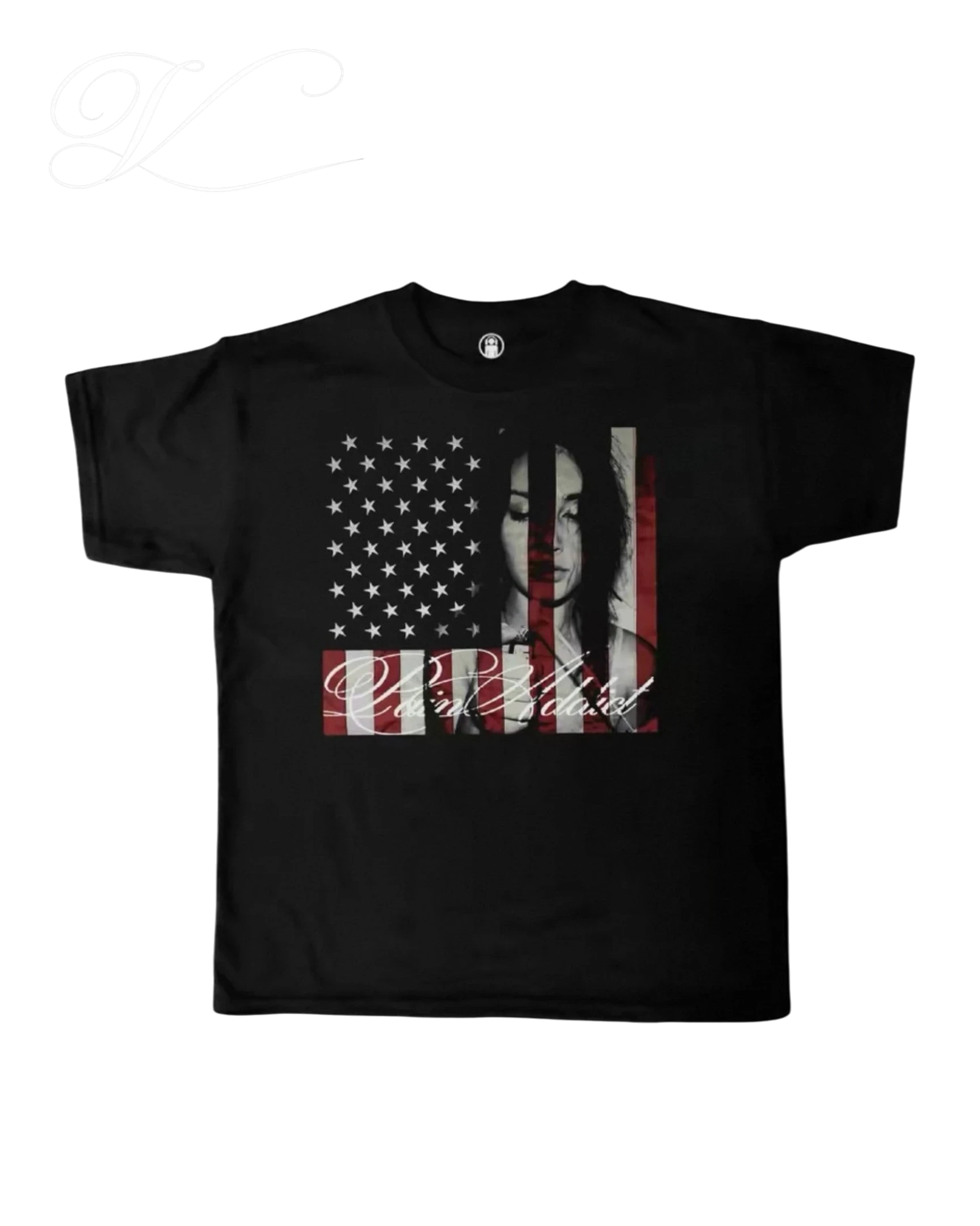Vicious Pain Addict black cotton t-shirt featuring a USA flag print with a woman's portrait and graphic text.