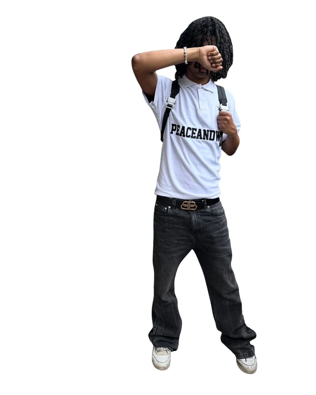 Vicious Peace & War white cotton polo shirt with graphic print, worn by a model with dark hair and a backpack.