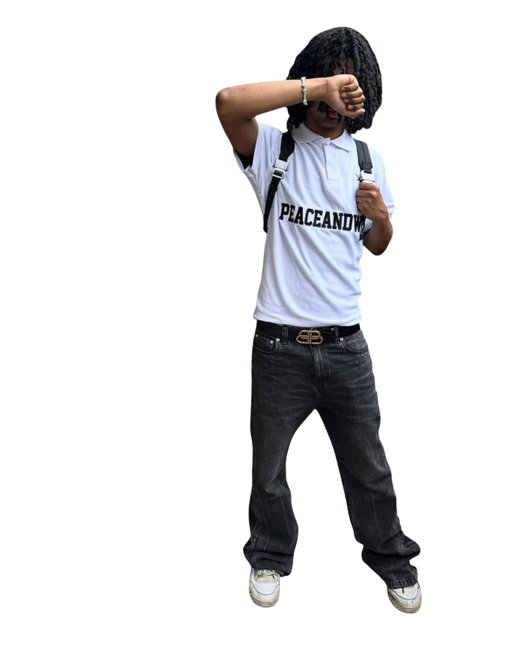 Vicious Peace & War white cotton polo shirt with graphic print, worn by a model with dark hair and a backpack.