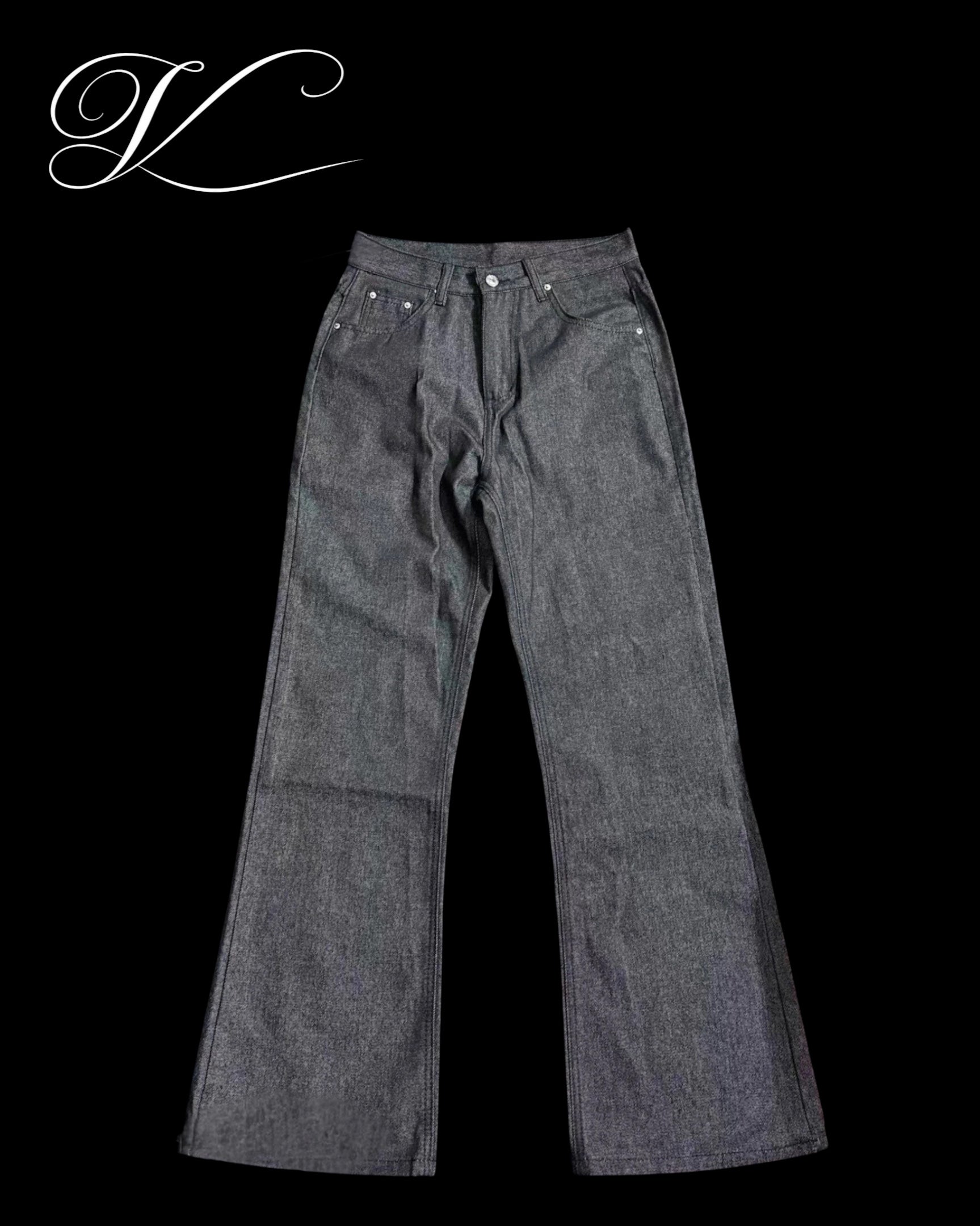 Vicious high-rise bootcut jeans in raw dark grey denim with tonal stitching and silver hardware.