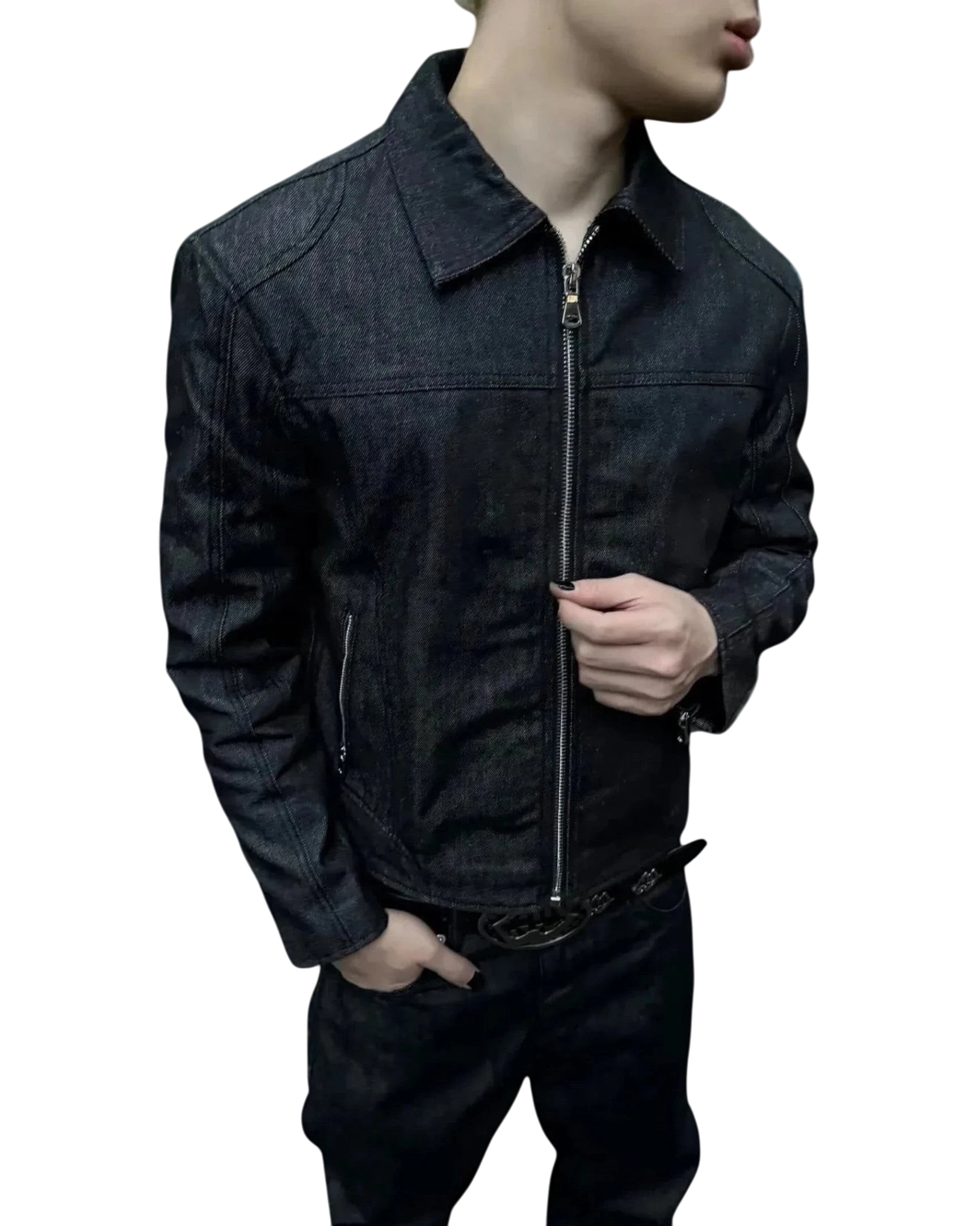 Vicious Raw Trucker Jacket in dark denim with a boxy fit, silver front zipper, and two hip zip pockets on a model.