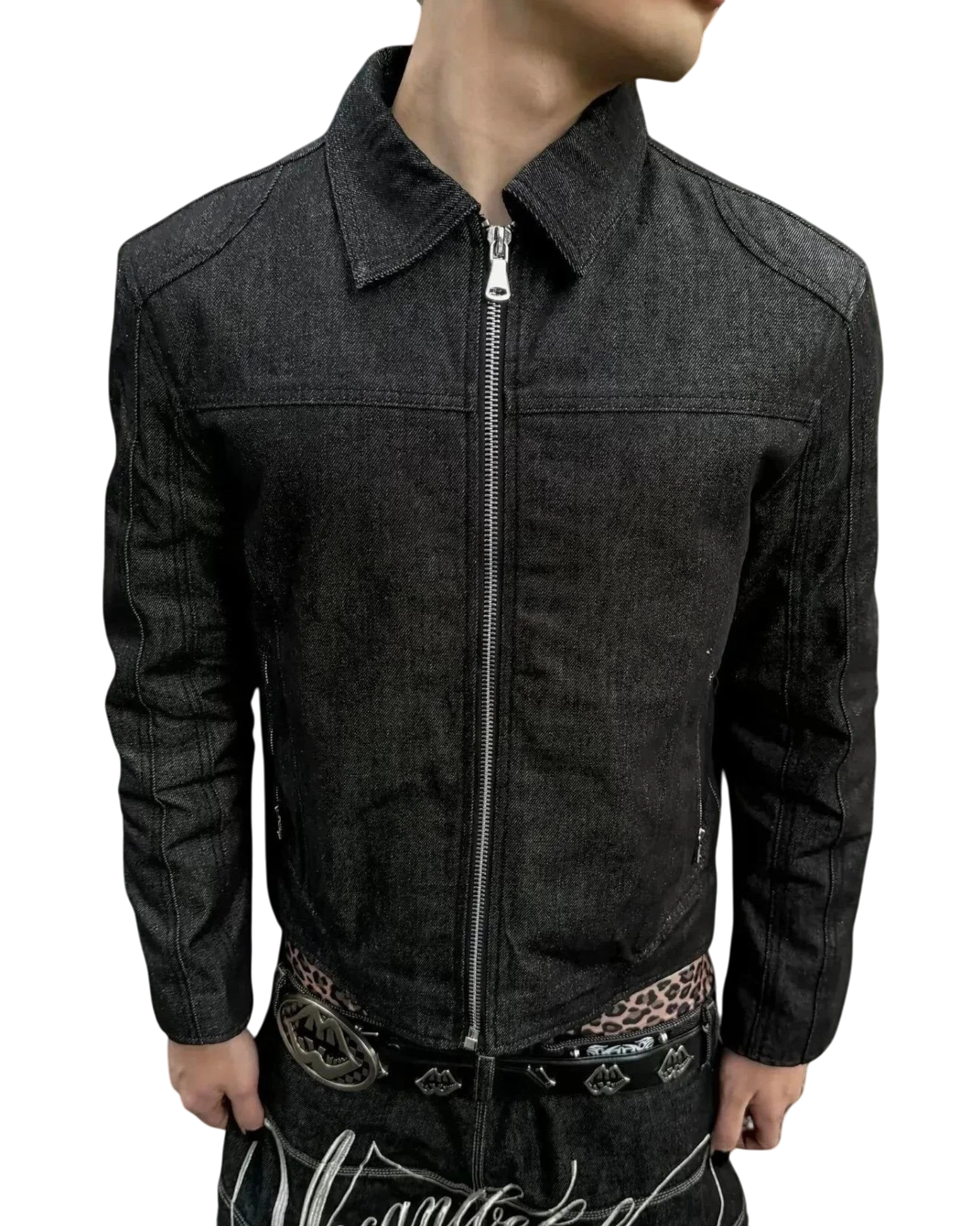 Vicious Raw Trucker Jacket in dark unwashed denim with a boxy fit, silver front zipper, and hip pockets.