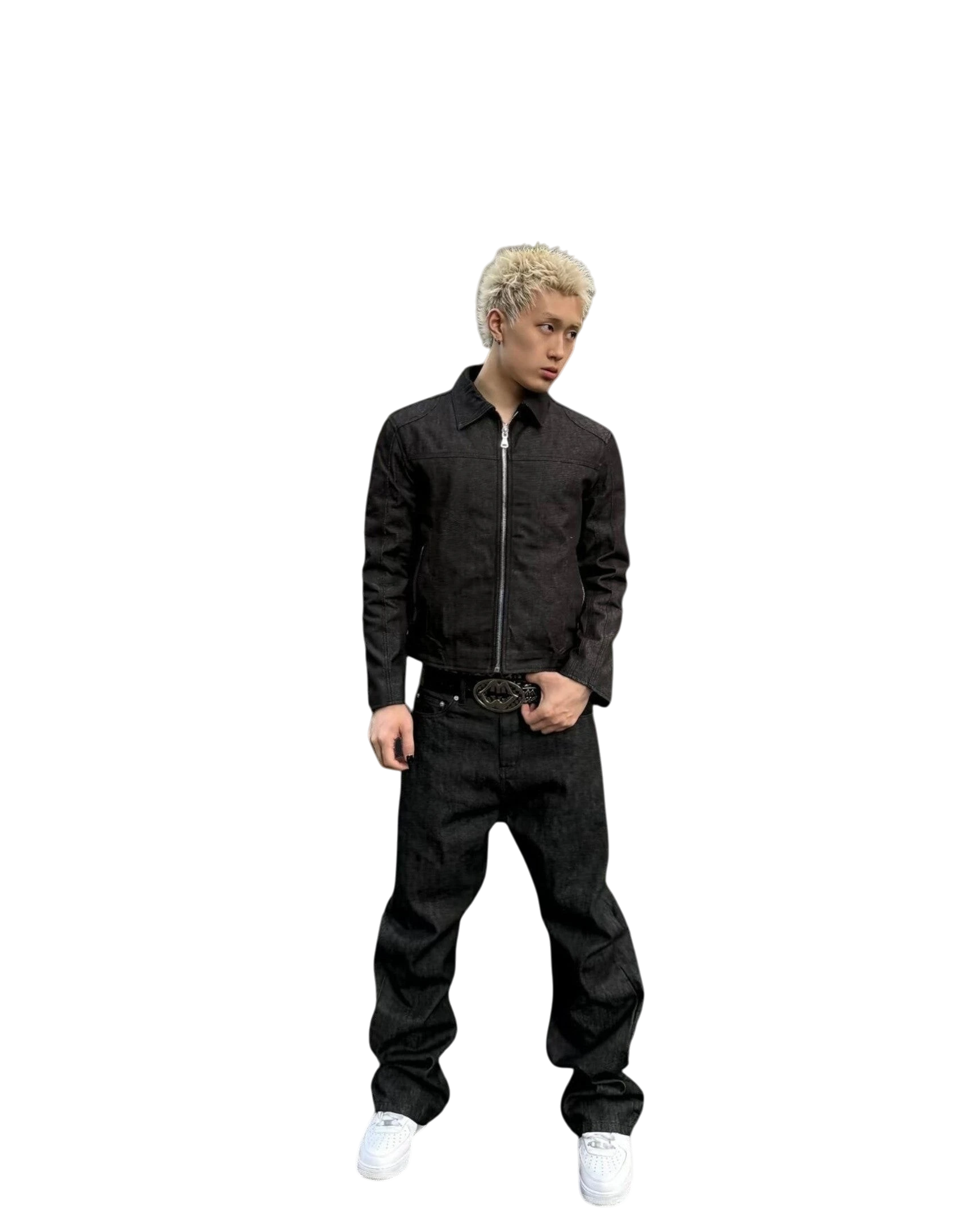 Model wearing a Vicious raw denim trucker jacket with a boxy fit, silver front zipper, and matching dark jeans.