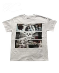 Vicious Requiem Tee in white cotton with a three-panel graphic print featuring a skull and artistic imagery.