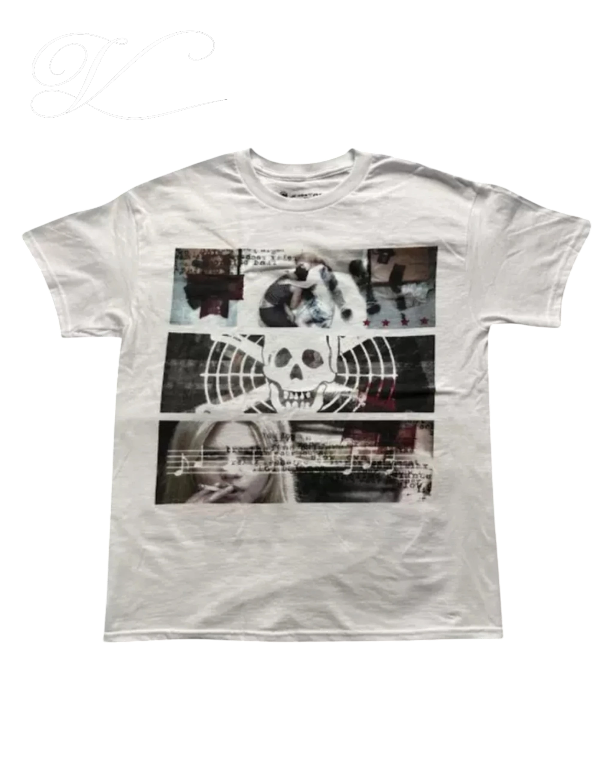 Vicious Requiem Tee in white cotton with a three-panel graphic print featuring a skull and artistic imagery.