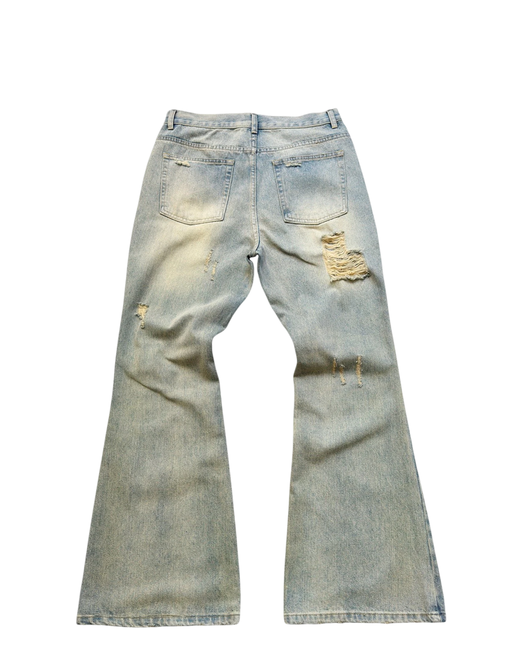 Vicious Ripped Flare Denim Jeans in Vintage-Waschung mit ausgestelltem Bein und Distressed-Details von hinten