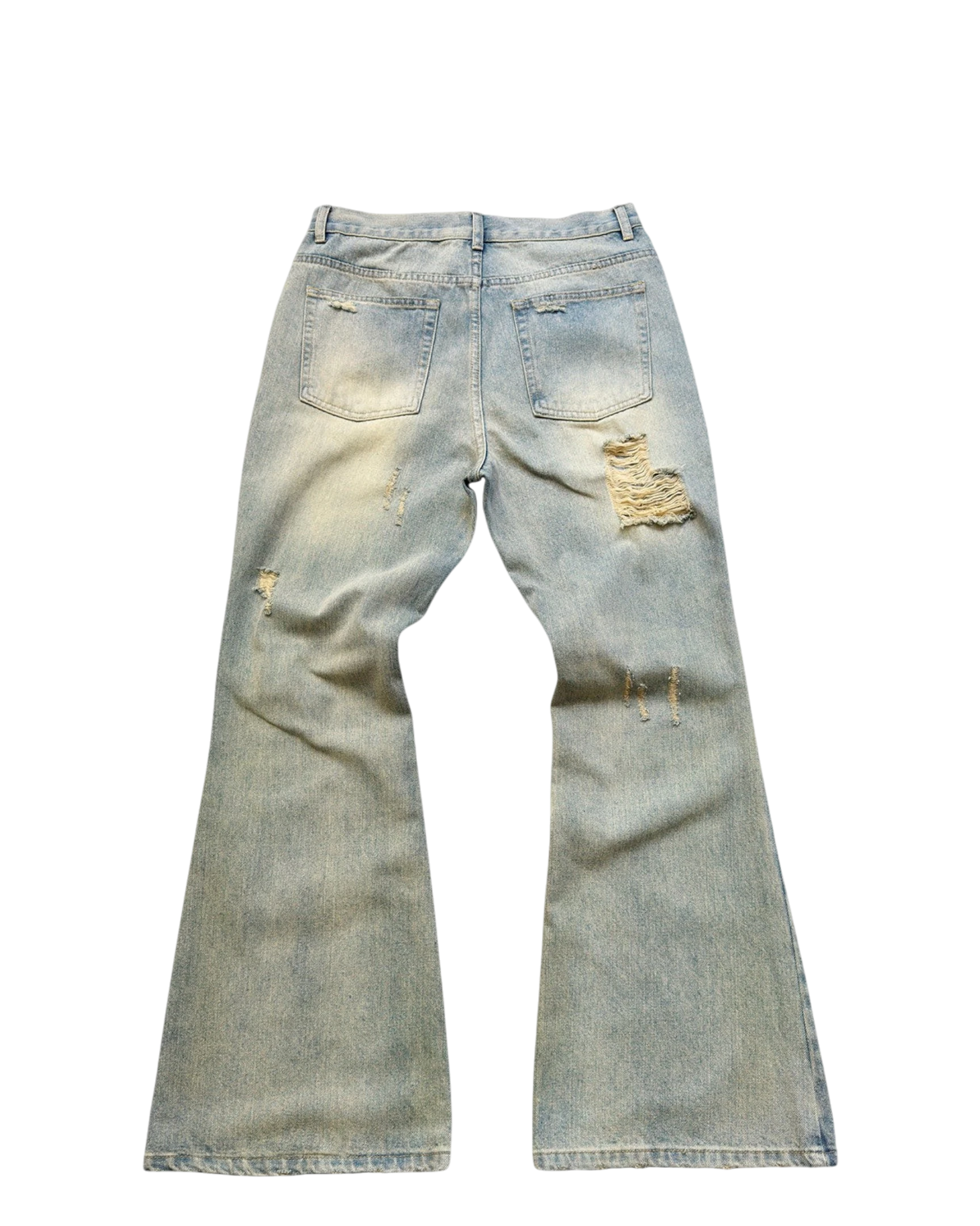 Vicious Ripped Flare Denim Jeans in Vintage-Waschung mit ausgestelltem Bein und Distressed-Details von hinten
