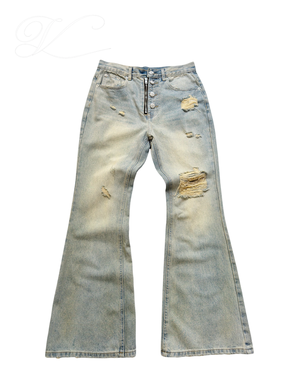 Vicious Ripped Flare Denim Jeans in Vintage-Waschung mit ausgestelltem Bein, Low Waist und Distressed-Details.