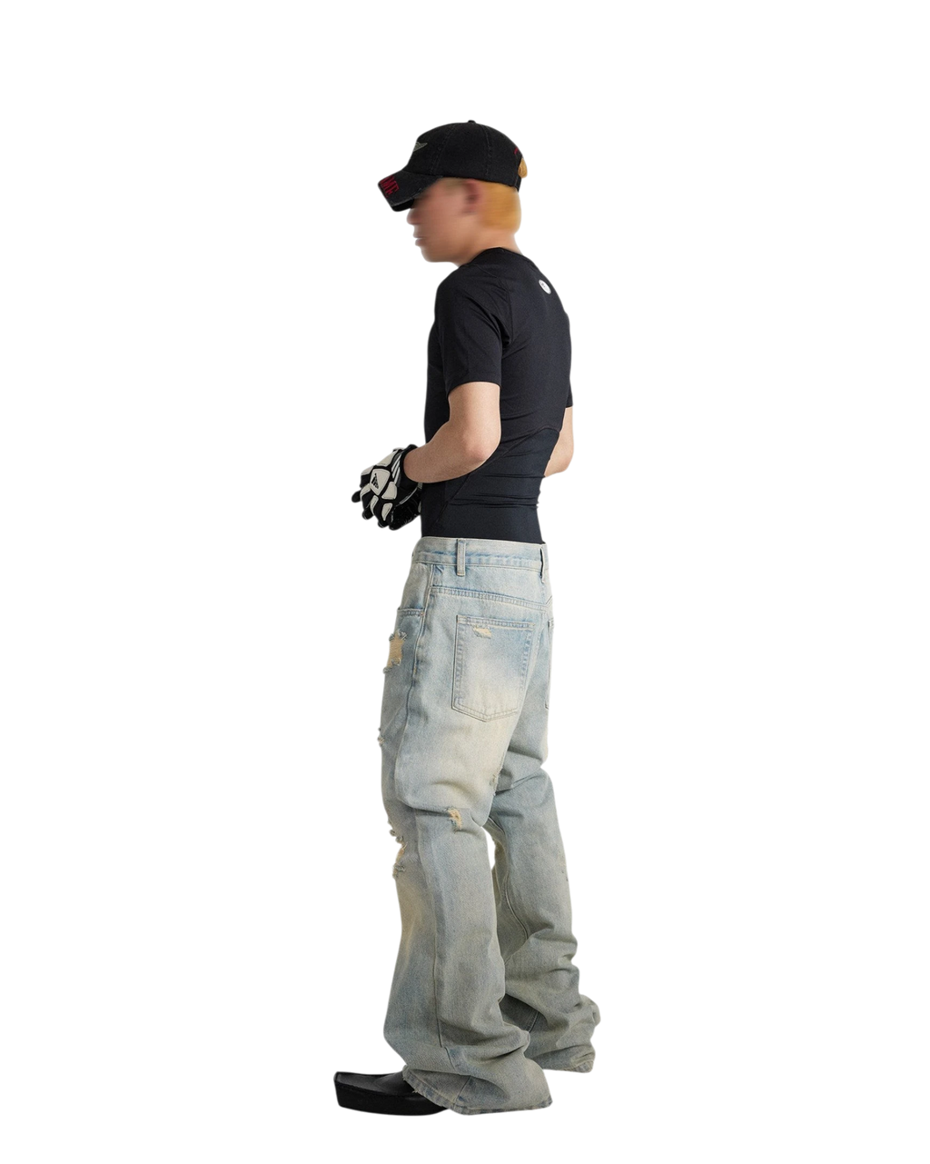 Vicious Ripped Flare Denim Jeans in Vintage-Waschung mit weitem Bein und Distressed-Details an einem Model