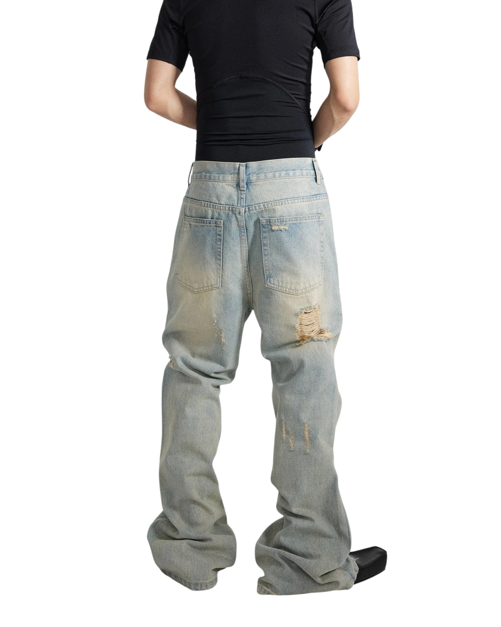 Vicious Ripped Flare Denim Jeans in Vintage-Waschung mit ausgestelltem Bein und Distressed-Details von hinten