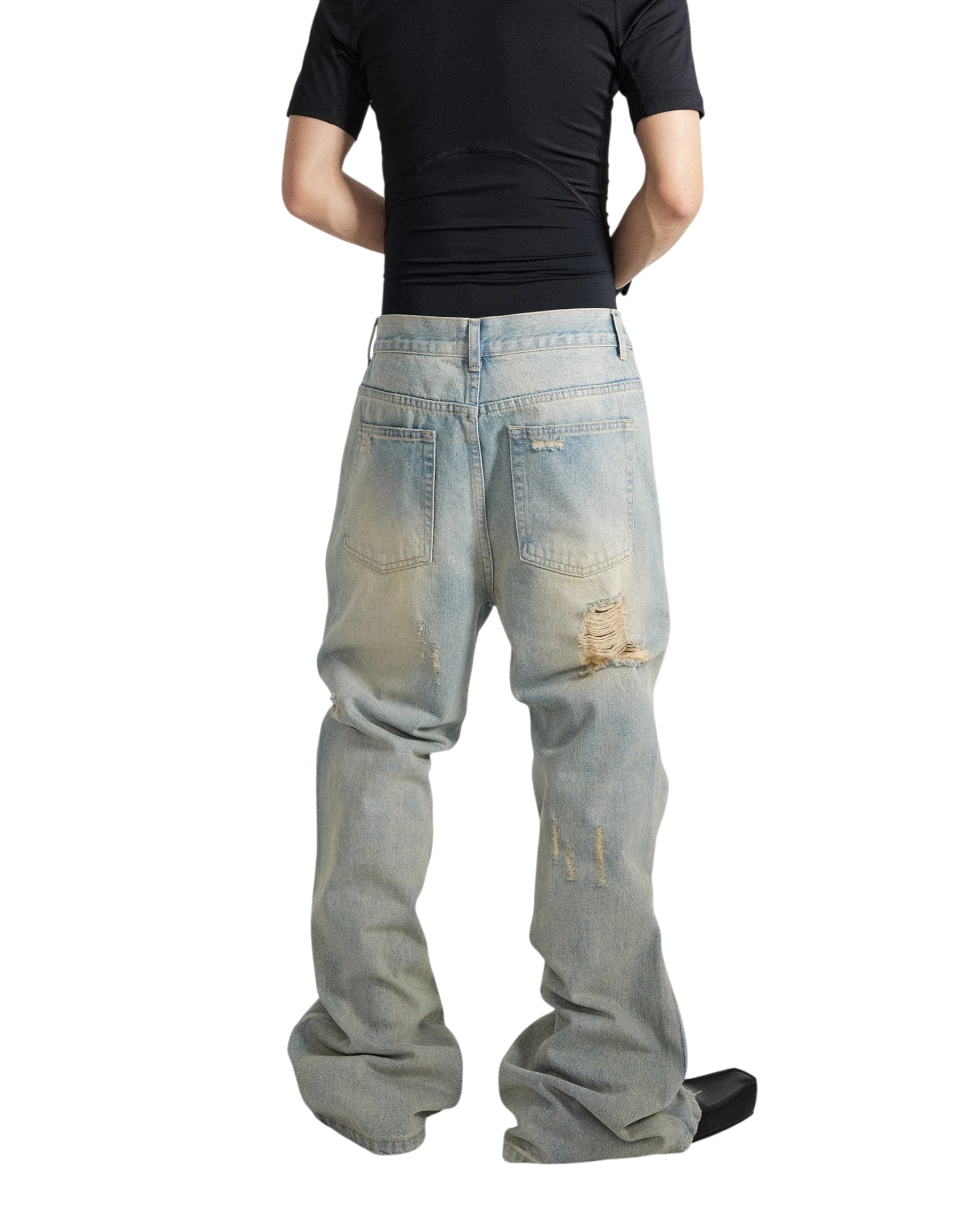 Vicious Ripped Flare Denim Jeans in Vintage-Waschung mit ausgestelltem Bein und Distressed-Details von hinten