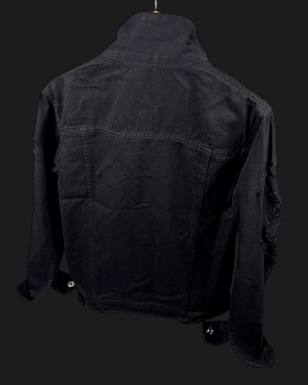 Vicious schwarze Denim-Jacke für Herren mit Used-Look und Rissen im Streetwear-Stil, Rückansicht