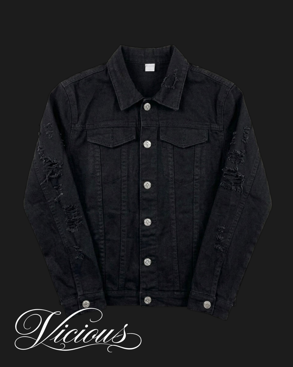 Schwarze Vicious Jeansjacke mit Distressed-Details, Knopfleiste und klassischem Kragen in Slim-Fit-Passform.