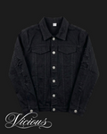 Schwarze Vicious Jeansjacke mit Distressed-Details, Knopfleiste und klassischem Kragen in Slim-Fit-Passform.