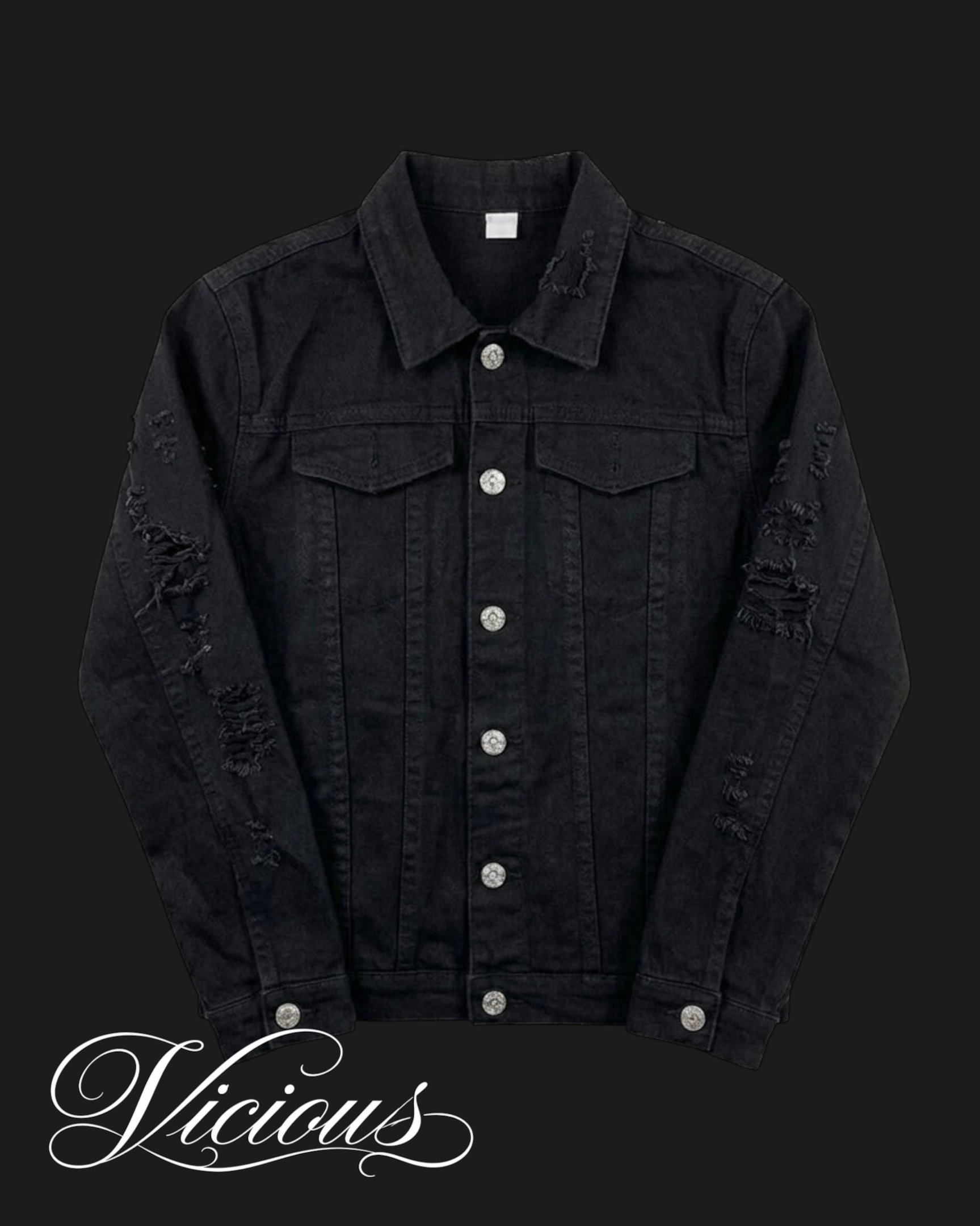 Schwarze Vicious Jeansjacke mit Distressed-Details, Knopfleiste und klassischem Kragen in Slim-Fit-Passform.