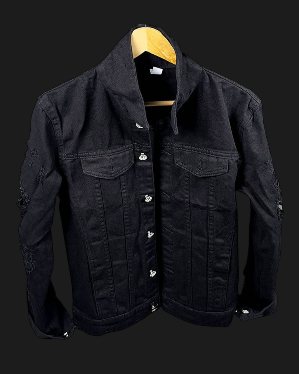 Vicious schwarze Denim-Jacke für Herren im Slim-Fit-Design mit modischen Rissen und silbernen Knöpfen