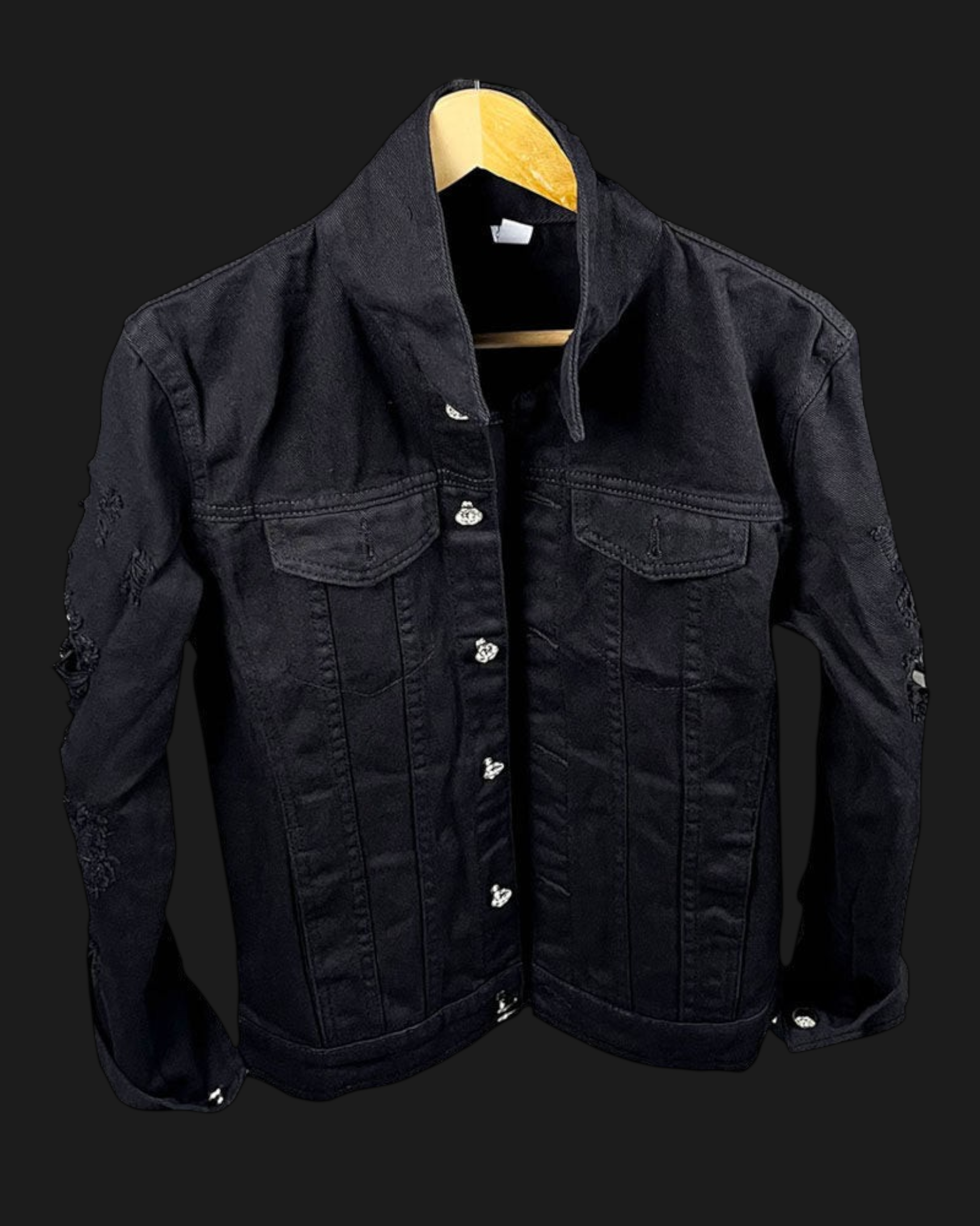 Vicious schwarze Denim-Jacke für Herren im Slim-Fit-Design mit modischen Rissen und silbernen Knöpfen