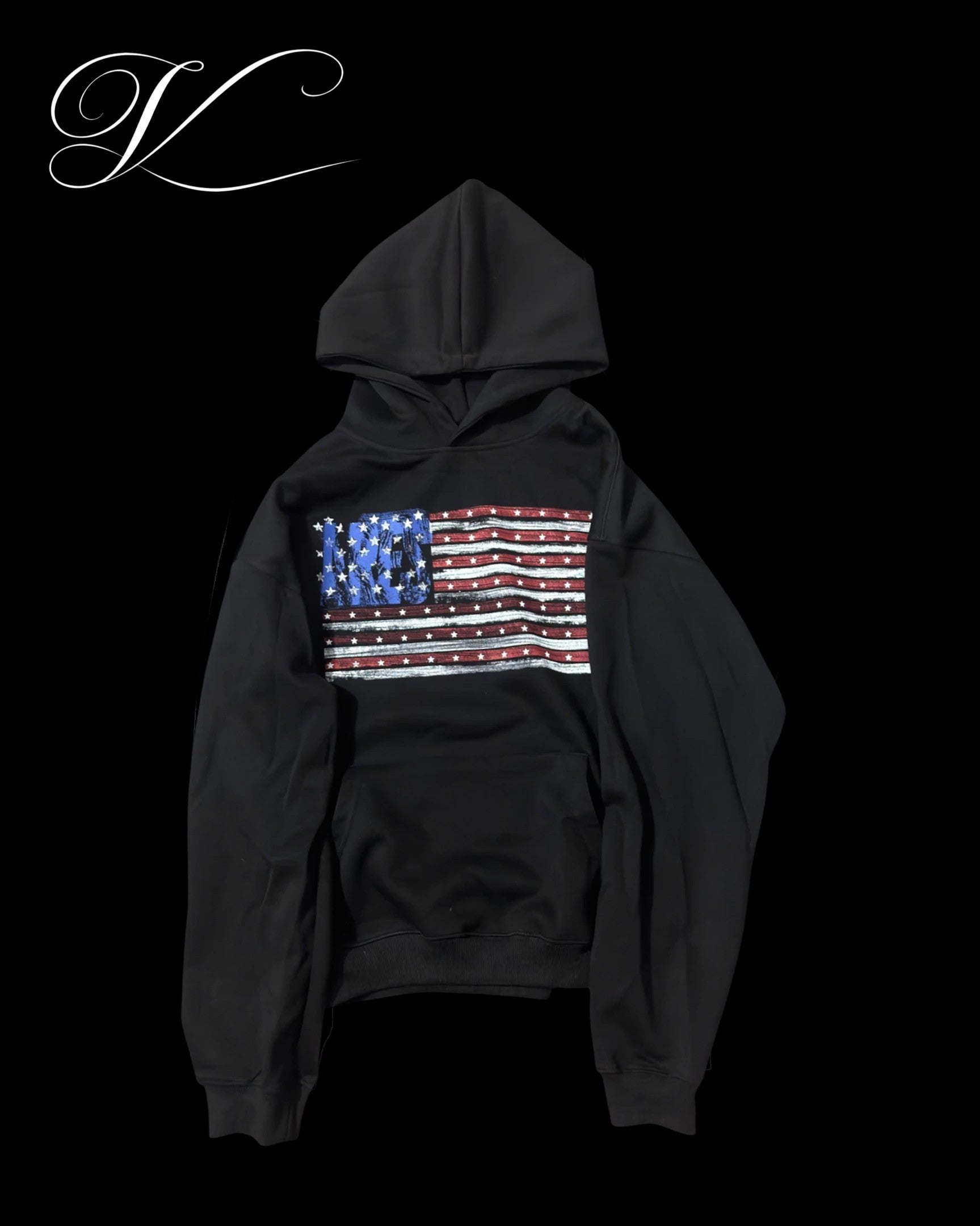Vicious schwarzer Oversized-Hoodie aus Baumwolle mit Flaggen-Print auf der Brust und Kängurutasche