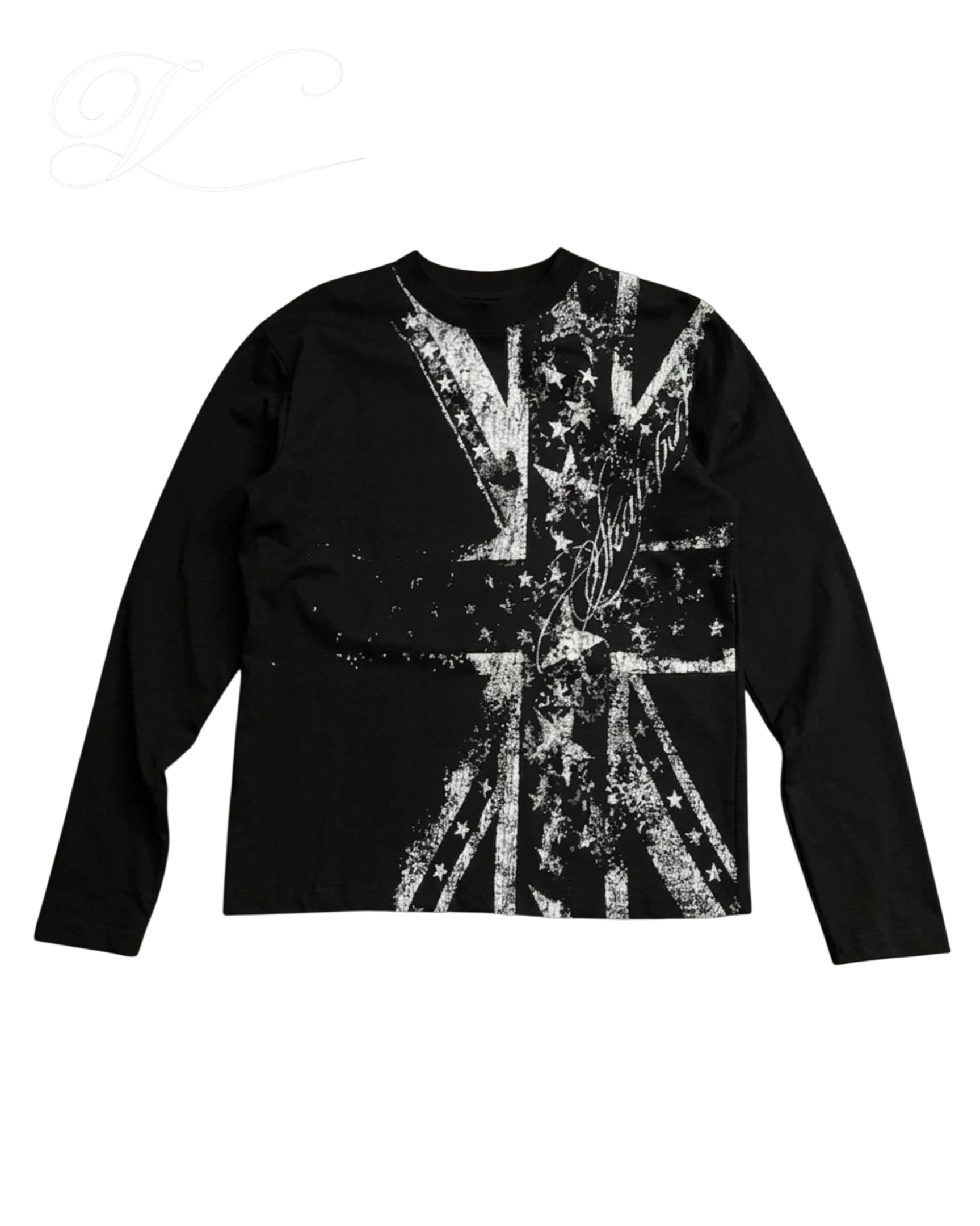 Vicious Shattered Flag long-sleeve shirt in black with a distressed white Union Jack graphic print and crew neck.