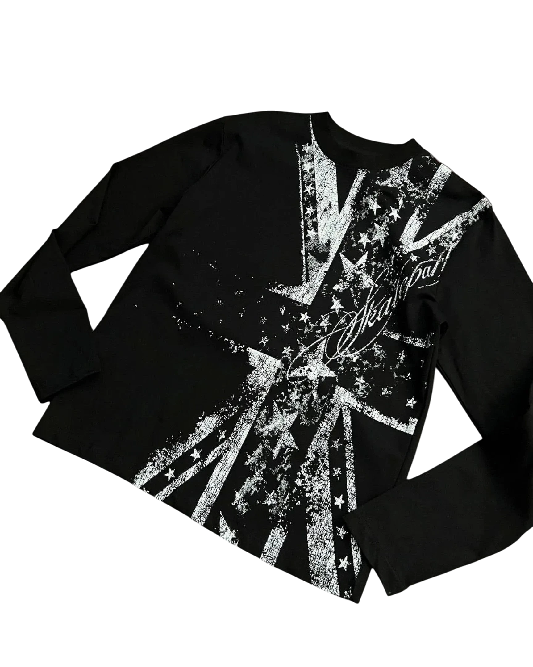 Vicious Shattered Flag long-sleeve shirt in black with a white distressed graphic print and crew neckline.