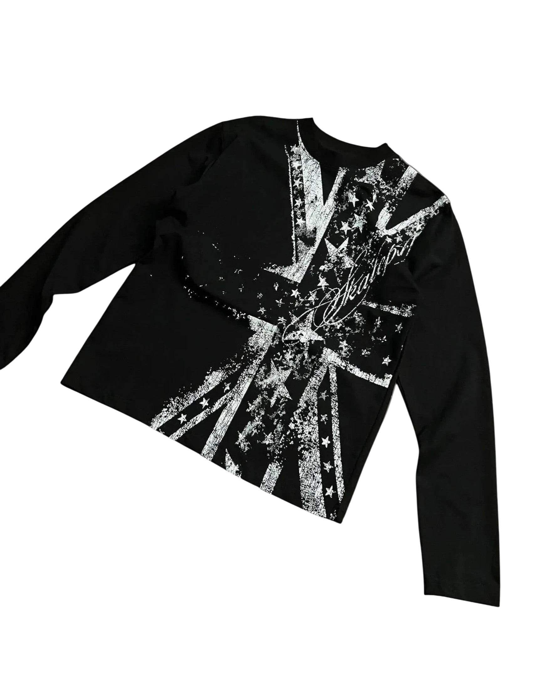 Vicious Shattered Flag longsleeve shirt in black with a white distressed graphic print and crew neckline.
