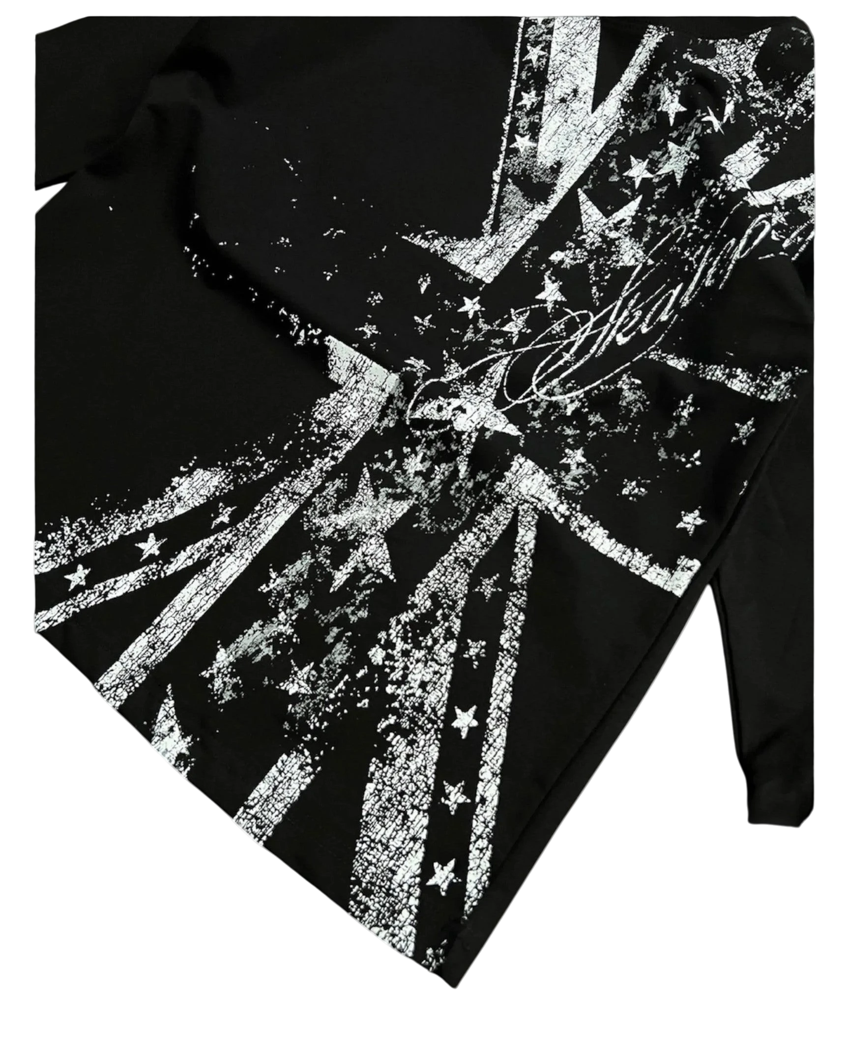 Vicious Shattered Flag long-sleeve shirt in black with a white distressed graphic print and crew neckline.