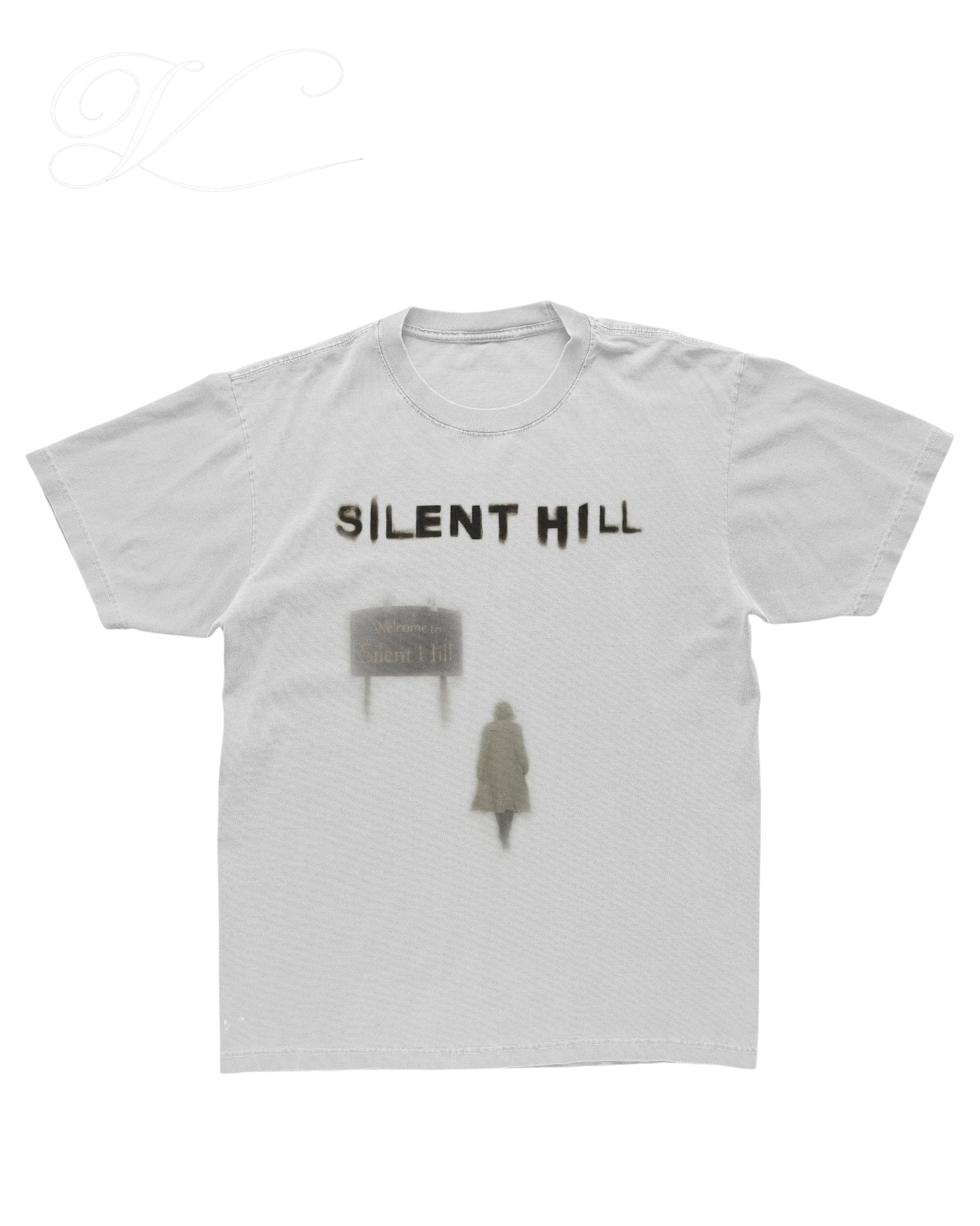 Vicious retro-style grey crew neck t-shirt featuring a Silent Hill graphic with a character and welcome sign