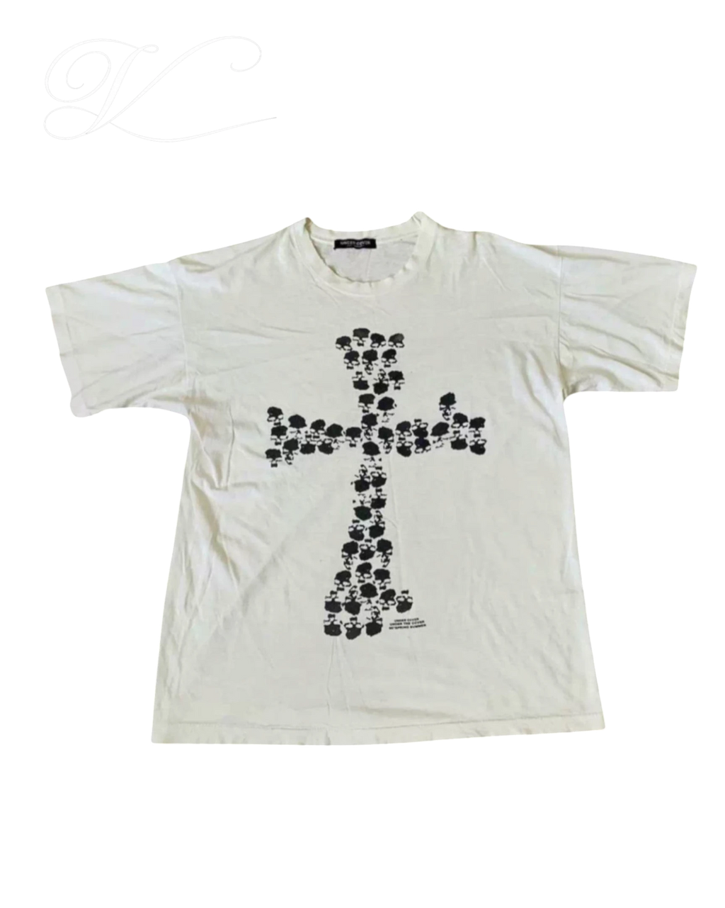 Vicious Skull Cross Tee in white cotton with a black graphic cross made of skulls, featuring a crew neck design.
