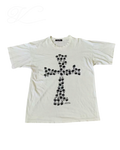 Vicious Skull Cross Tee in white cotton with a black graphic cross made of skulls, featuring a crew neck design.