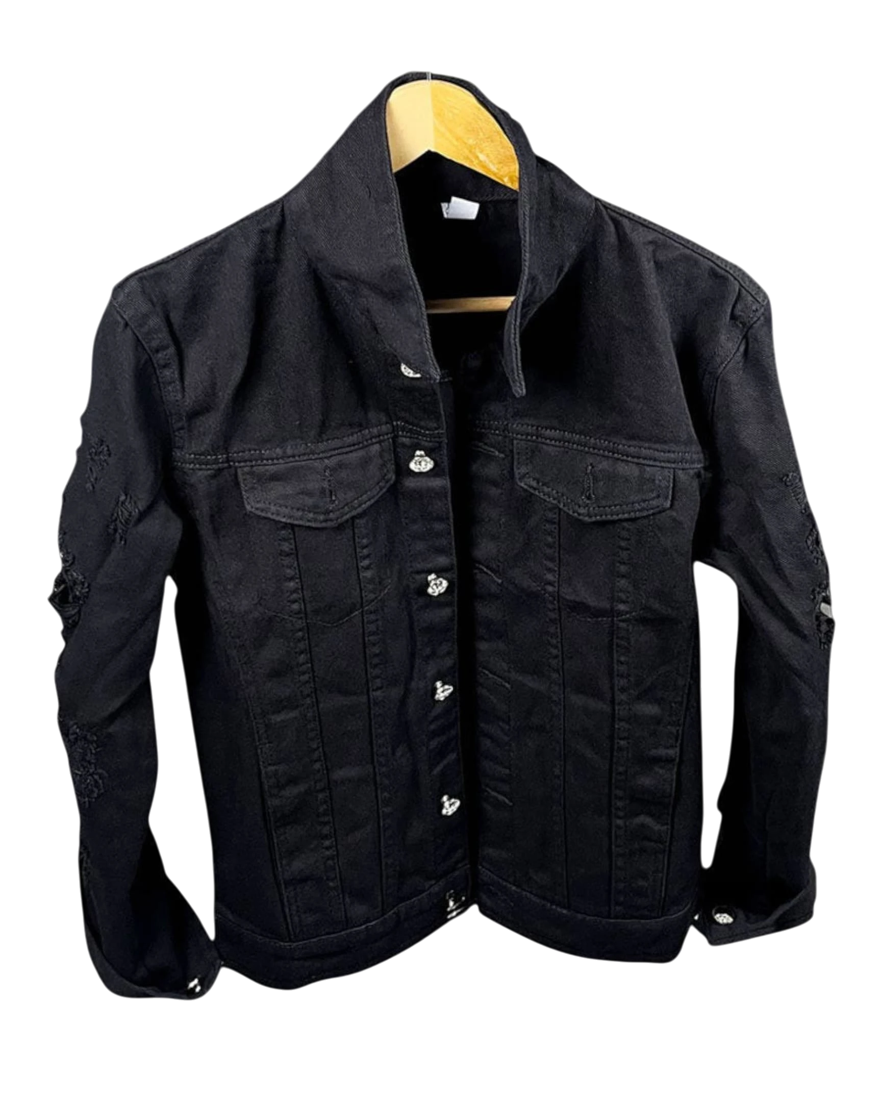 Vicious slim fit black denim jacket with distressed details, button front, and lapel collar on a wooden hanger.