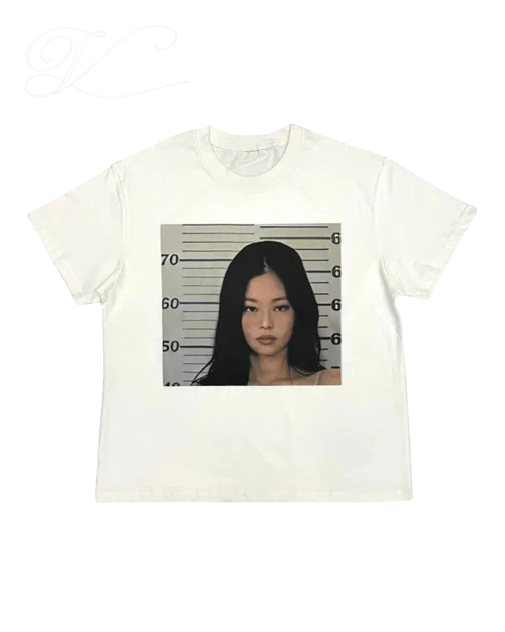 Vicious Snapshot Tee in white cotton with a digital mugshot photo print on the front, featuring a crew neckline.