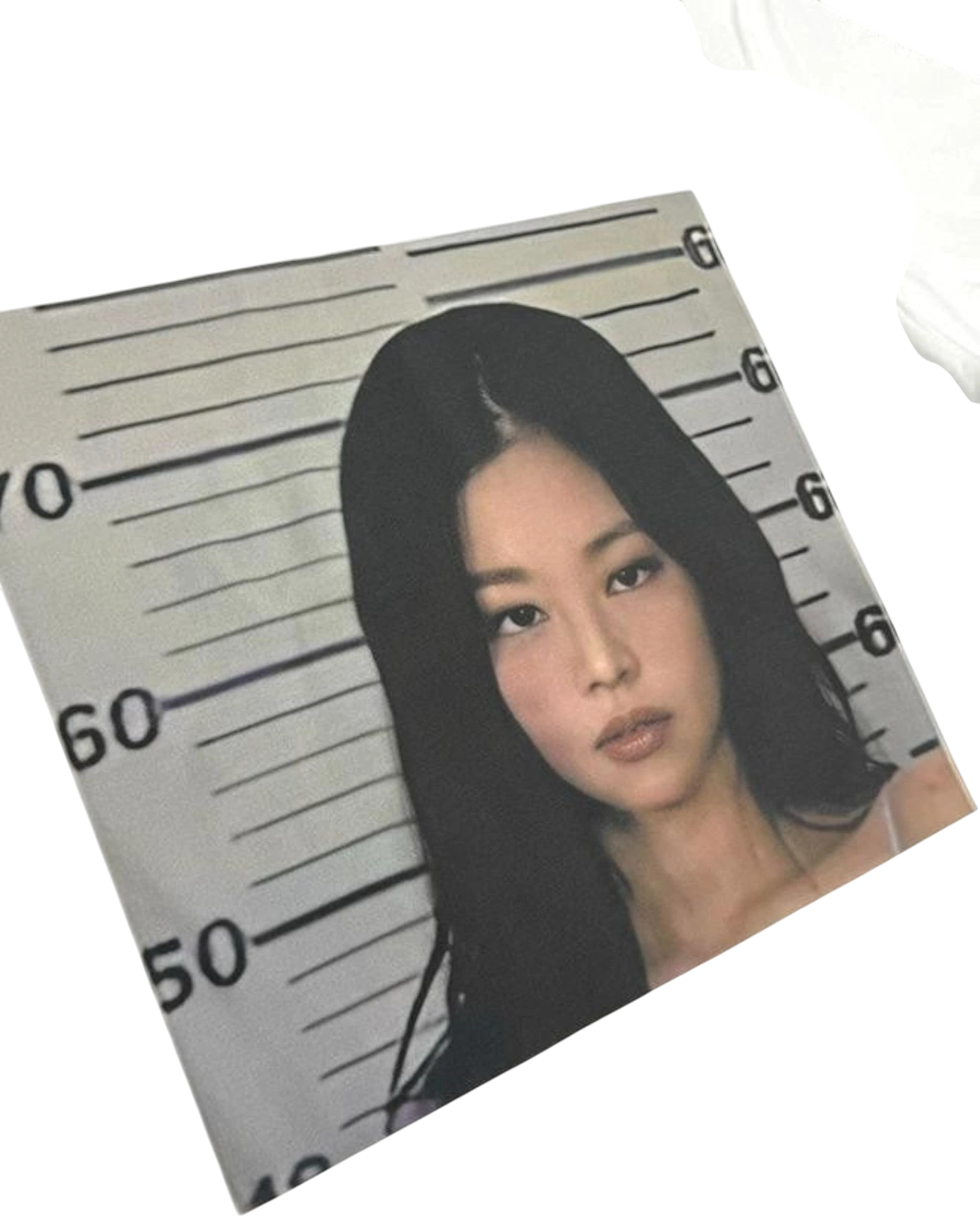 Vicious Snapshot Tee in white cotton featuring a digital mugshot photo print on the front with a crew neck design.