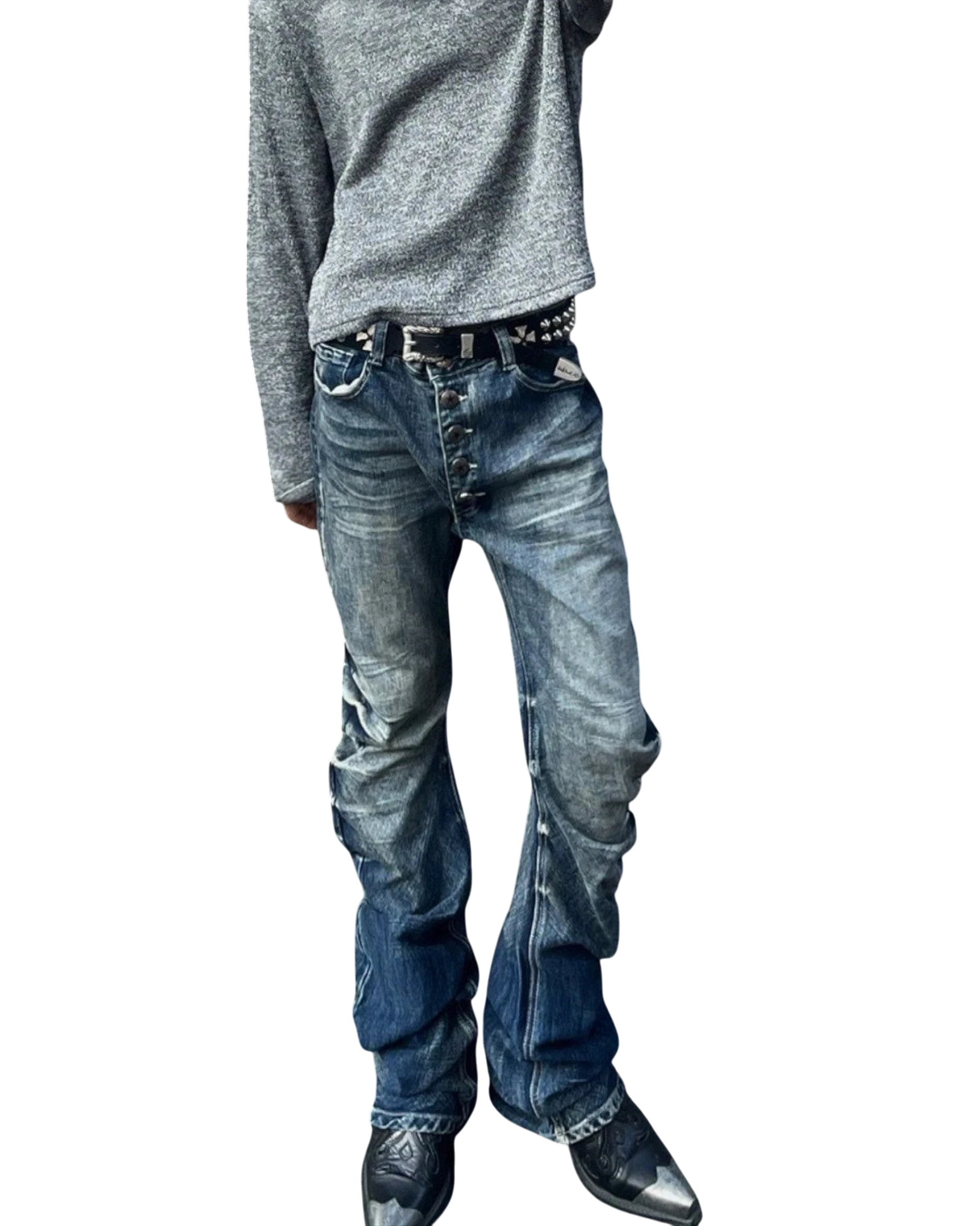 Vicious Stacked Wash Denim jeans featuring a slim bootcut fit, distressed crackle wash, and button-fly closure.